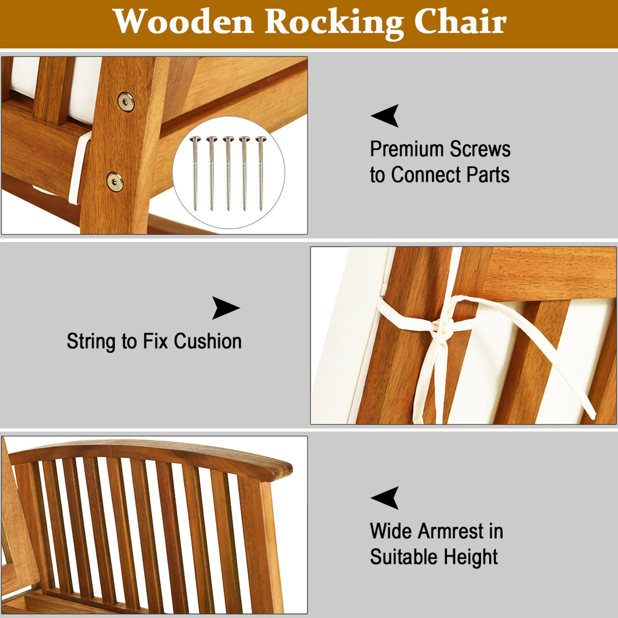 Costway Acacia Wood Rocking Chair Patio Garden Lawn W/ Cushion