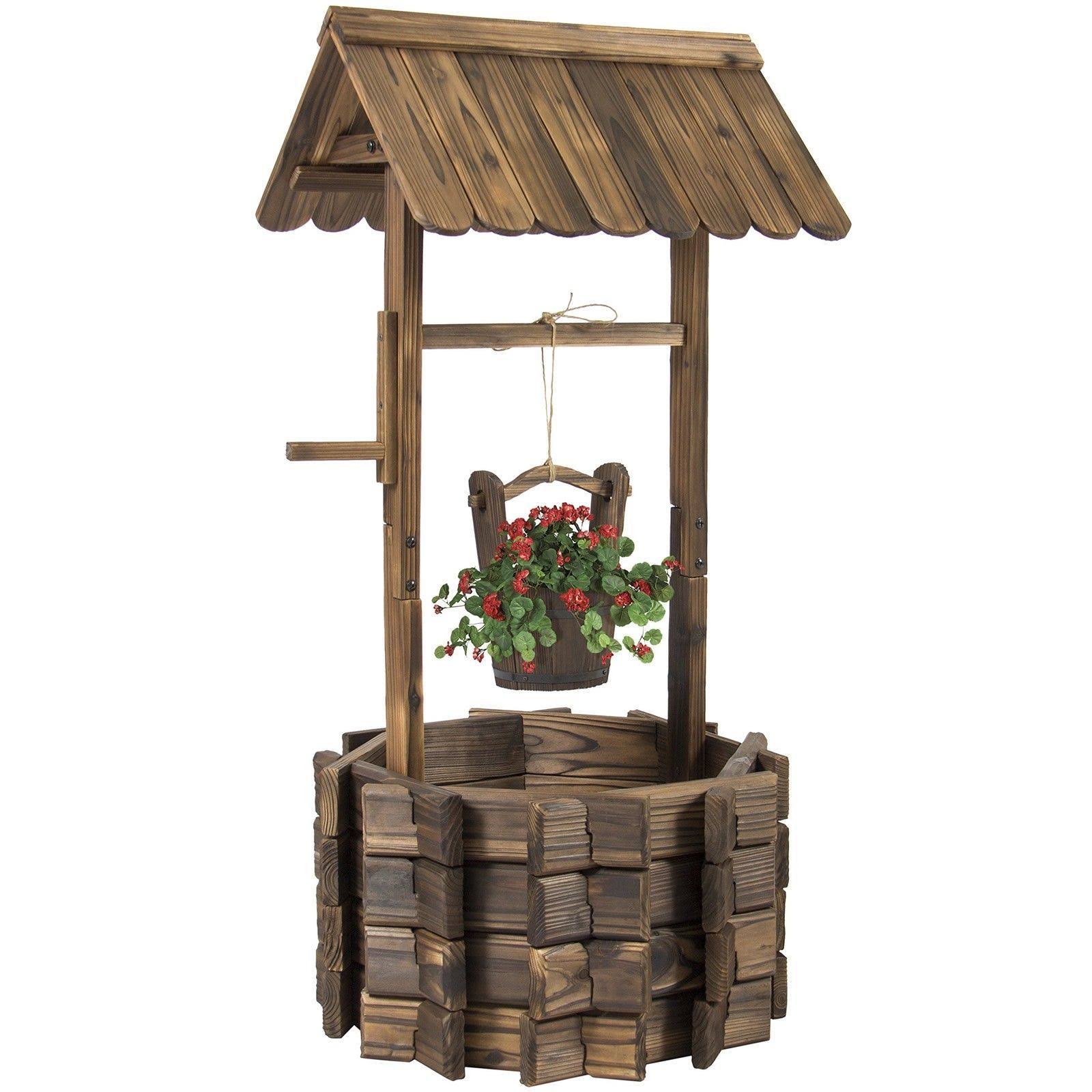 Best Choice Products Wooden Wishing Well Bucket Flower Planter Patio Garden Outdoor Home Decor, Brown