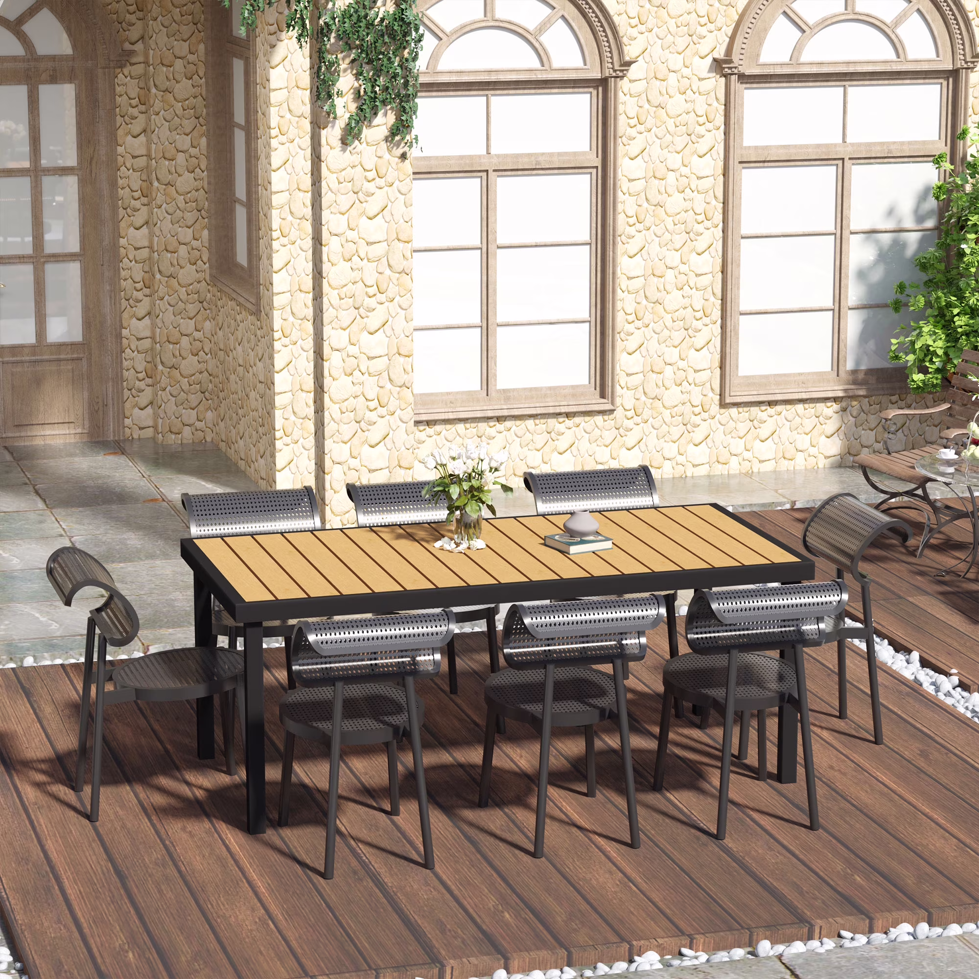 Outsunny 75 x 35 Outdoor Dining Table for 8 People, Rectangular Aluminum Frame Garden Table with All-Weather Faux Wood Top, Natural