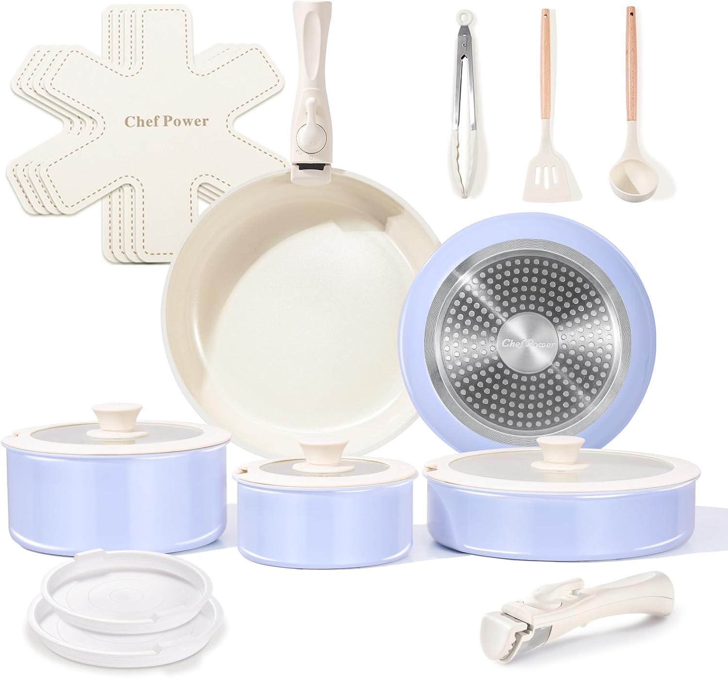 Chef Power Ceramic Cookware Set Non Toxic with Detachable Handles, Healthy Nonstick Pans and Pots Set 19 Pcs, Induction Dishwasher Oven Safe Kitchen Set, PFAS PFOA & PTFE Free, Cream White
