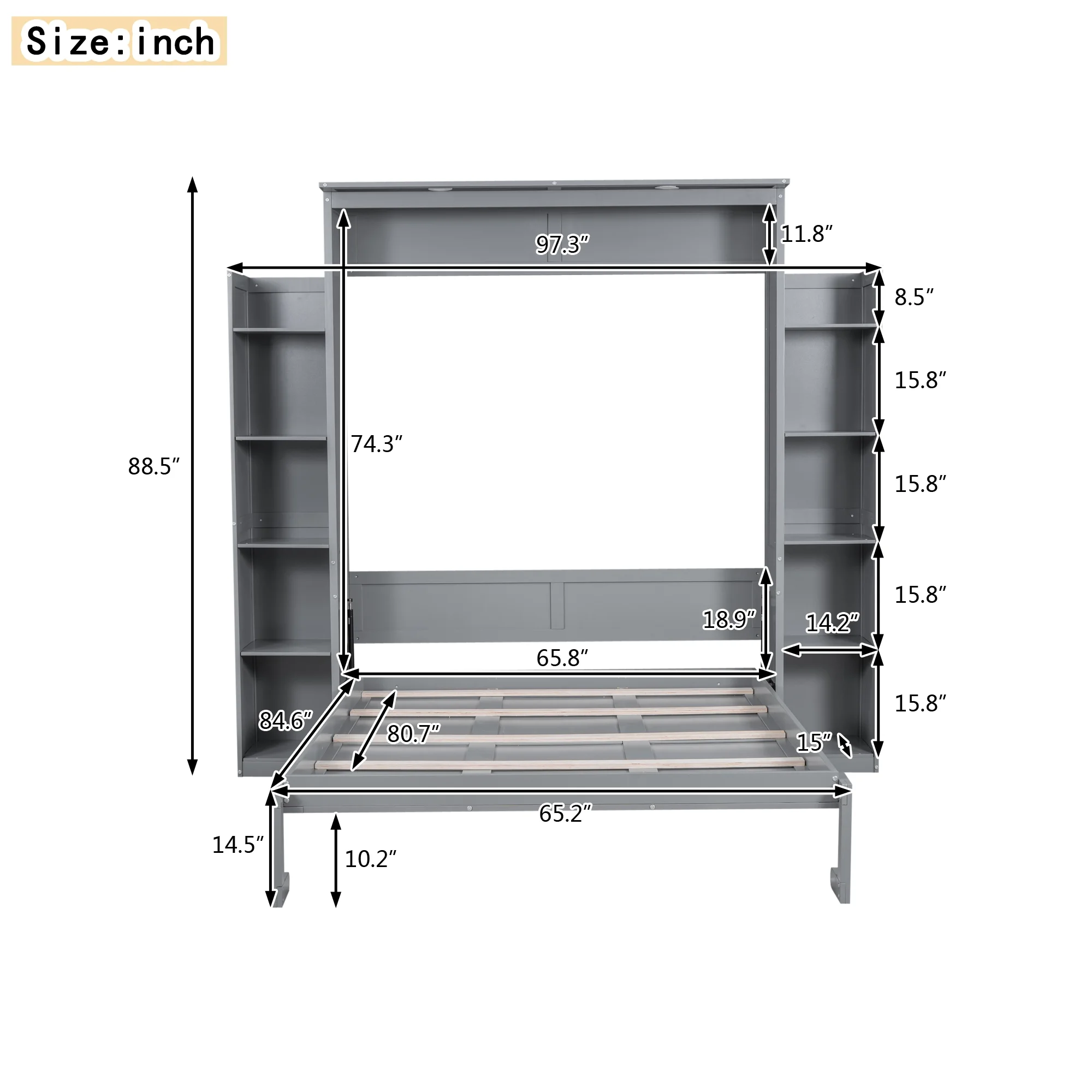 Queen Size Murphy Bed with 5-Tier Storage Shelf LED Lights, Foldable Wall Bed Cabinet with Mattress Support, Space-Saving Design for Guest Room/Home Office, Gray - Image 4