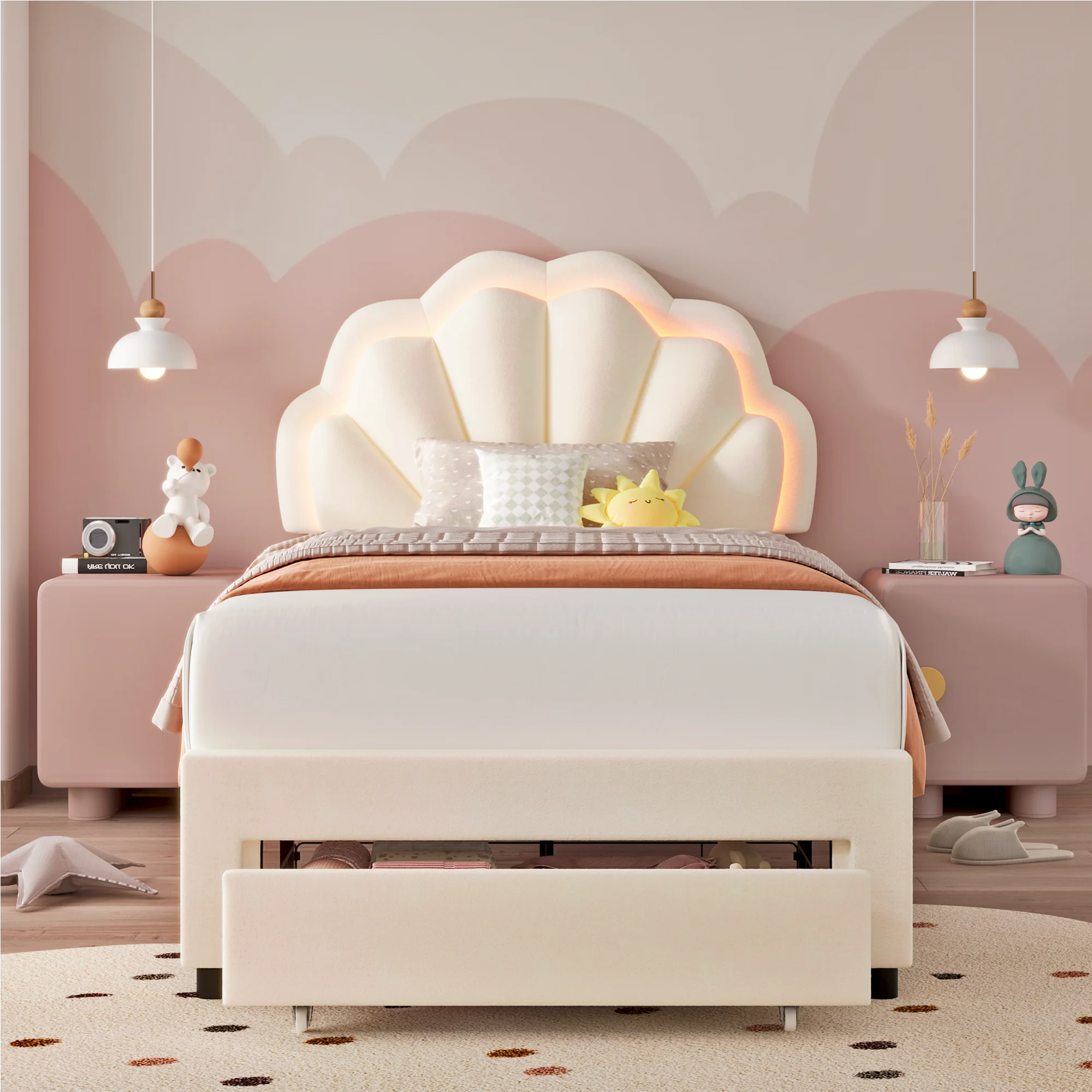 Twin Bed Frame with Storage LED Light, Velvet Upholstered Platform Twin Bed with Adjustable Petal Headboard, Beige(Twin/Beige) - Image 3