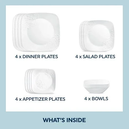 Cherish 16 Piece Embossed Square Glass Dinnerware Set (Service for 4) Image 3