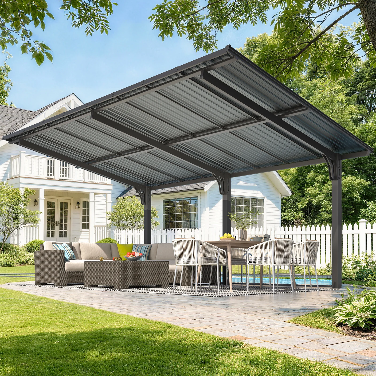 AECOJOY 16'x10' Lean to Hardtop Metal Carport Gazebo, 10x16 Outdoor Freestanding Pergola Gazebo
