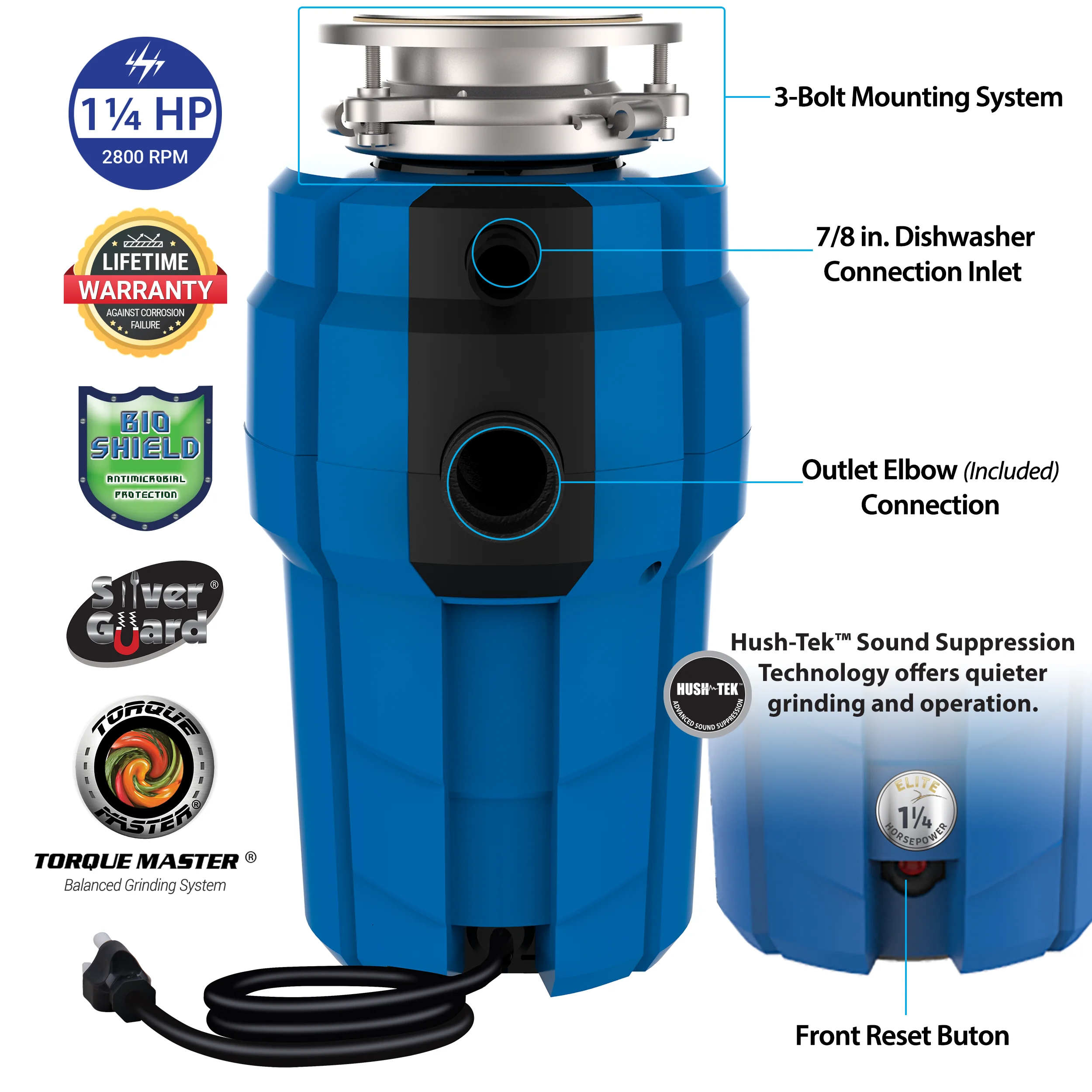American Standard Elite Premium 1 - 1/4 HP Continuous Feed Garbage Disposal ASE - 125 - HT