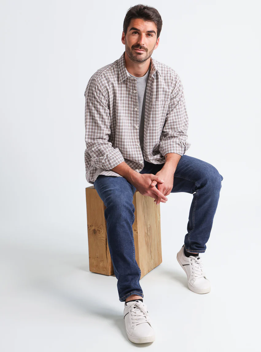 Chemise homme à carreaux coton et laine Beige Camel