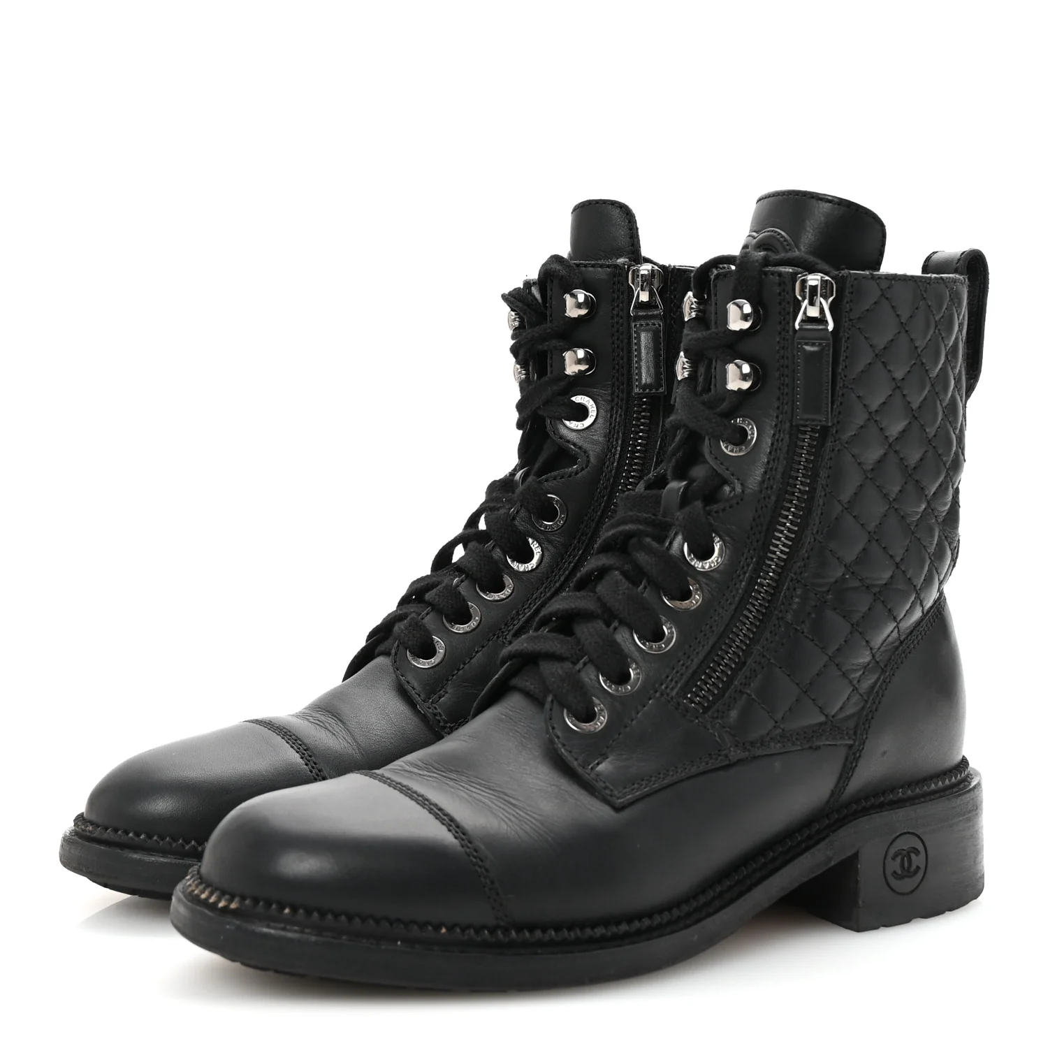 Calfskin Quilted Lace Up Combat Boots 37.5 Black