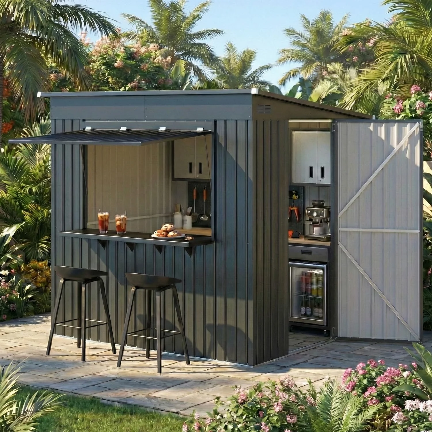 AECOJOY 8x4 FT Outdoor Storage Shed with Bar Counter, 2-in-1 Patio Metal Backyard Bar & Tool Storage Cabinet