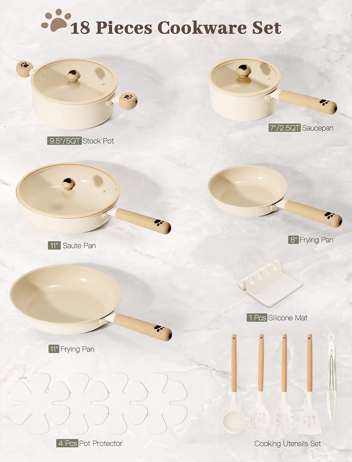Astercook Pots and Pans Set Non Stick, Non Toxic 18 Pcs Ceramic Cookware