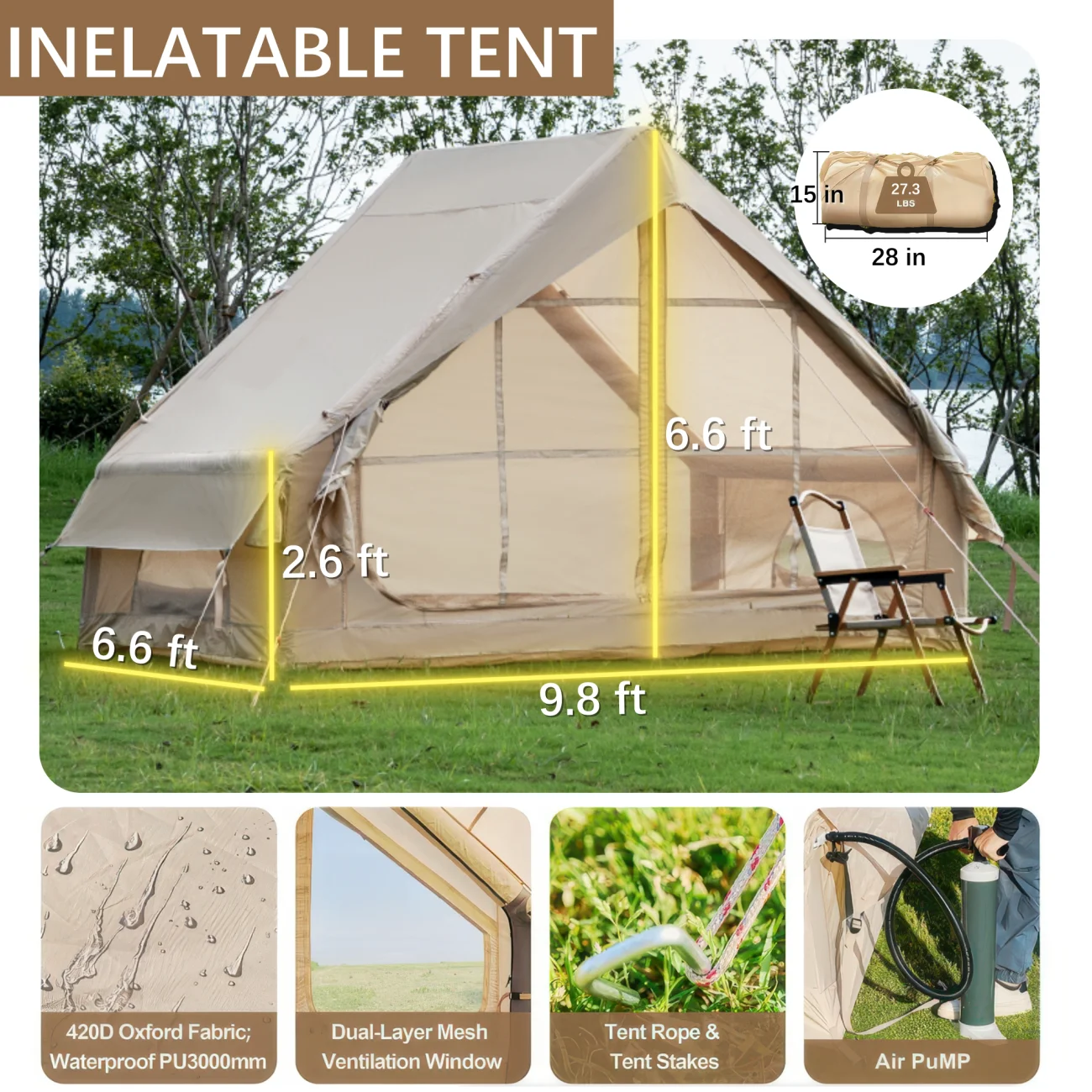 Large Inflatable Tent with Built - in Air Pump, 4 Seasons Waterproof Big Tent with Ventilation Mesh Window, for Camping, Hiking, Khaki