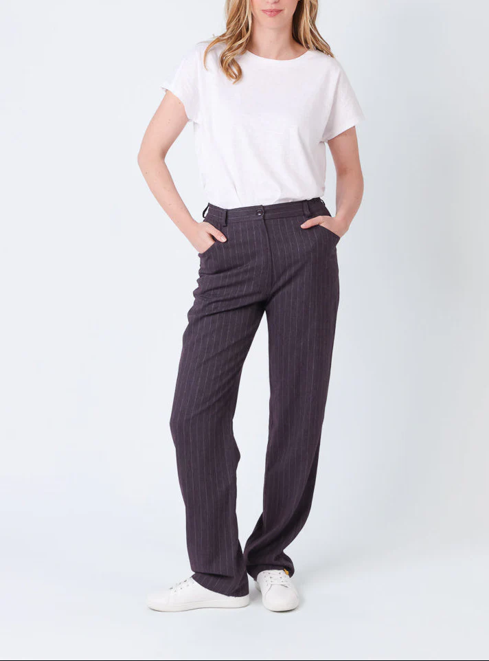 Pantalon femme violet prune rayé