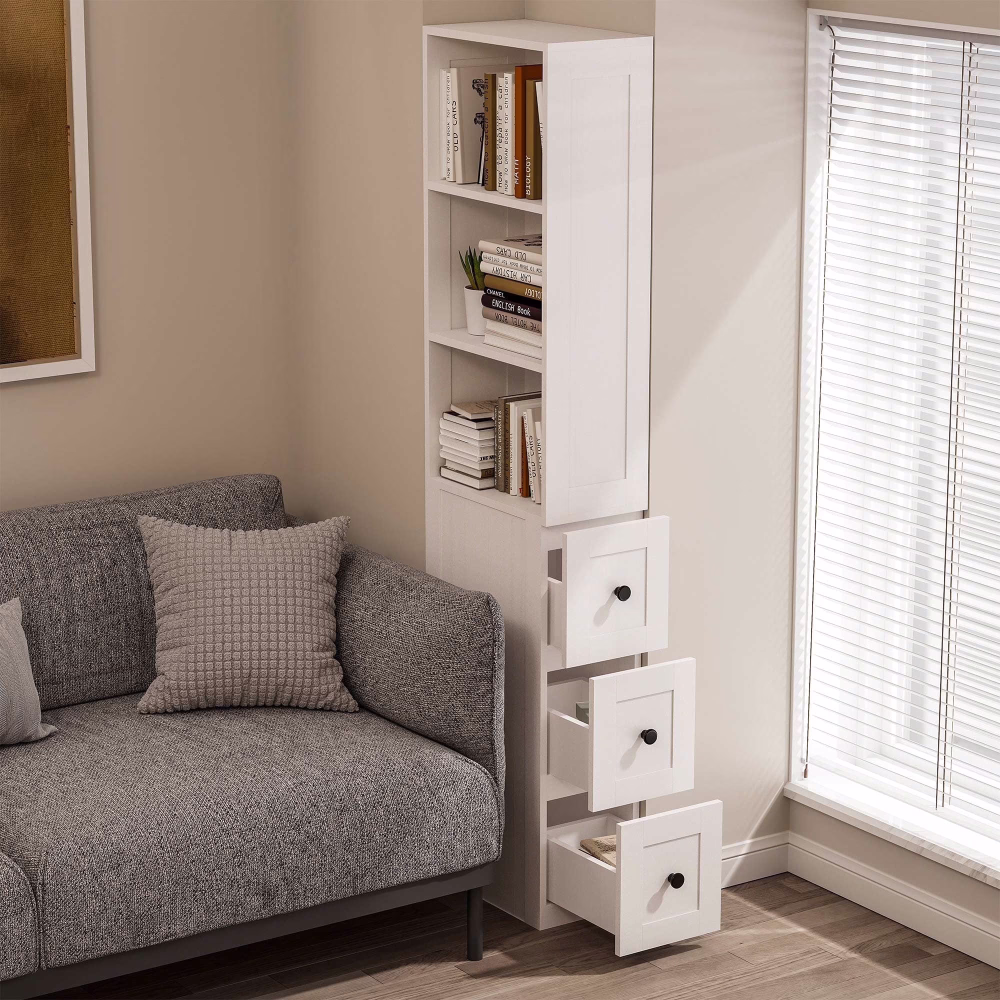LAUSAINT HOME Bathroom Storage Cabinet, Tall Thin White Storage with 2 Adjustable Shelves & 3 - Level Drawers for Home, Kitchen