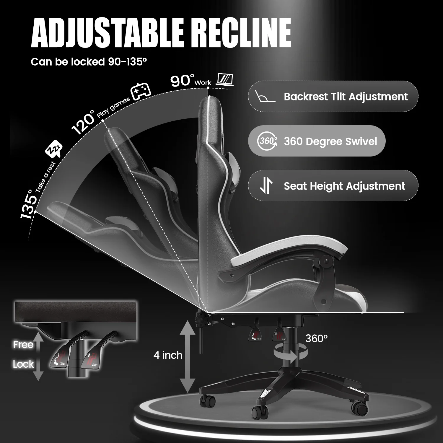 Gaming Chair Office Chair, Ergonomic Game Chair with Height Adjustable Headrest and Lumbar Support for Adults Teens, Black White(Black White) - Image 8