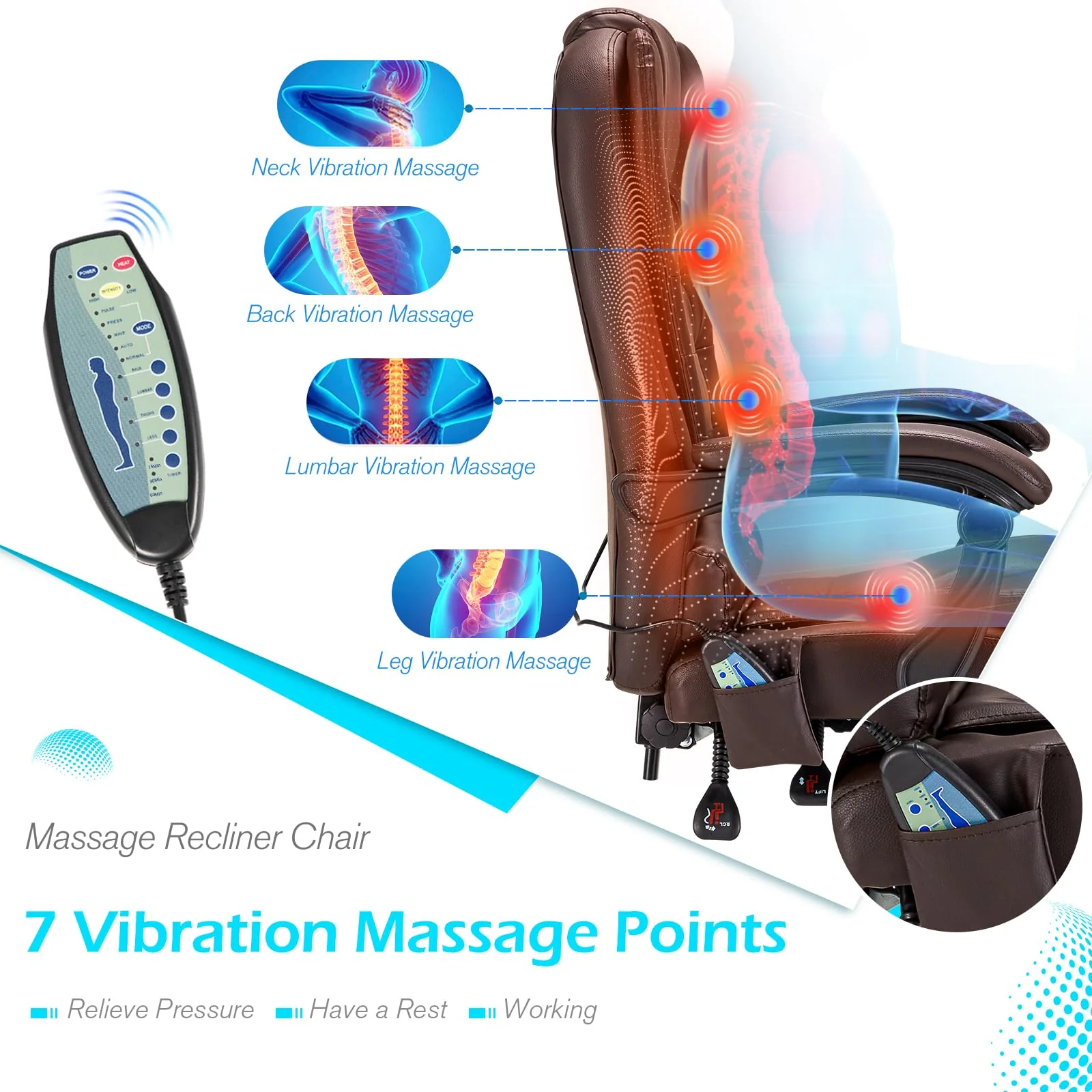AECOJOY Office Chair with 7 Points Vibration Massage&Heat Functions, Brown Leather with Footrest