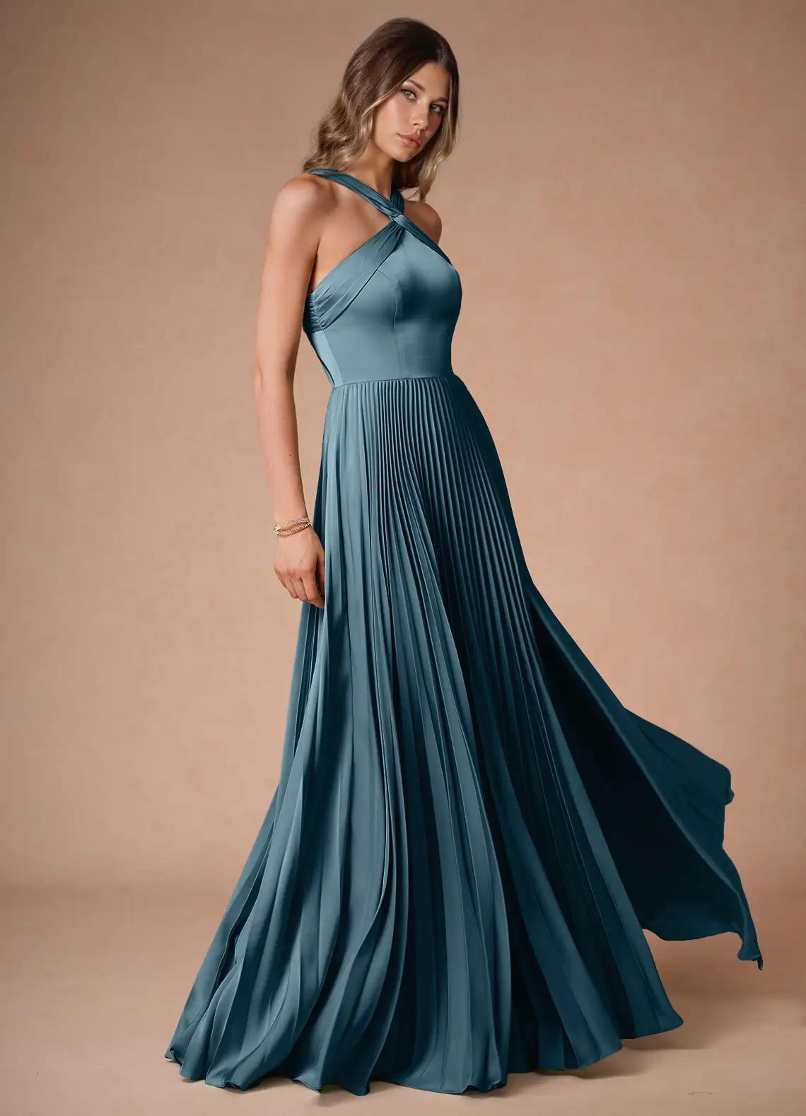Afra Azure Blue A-Line Pleated Stretch Satin Dress