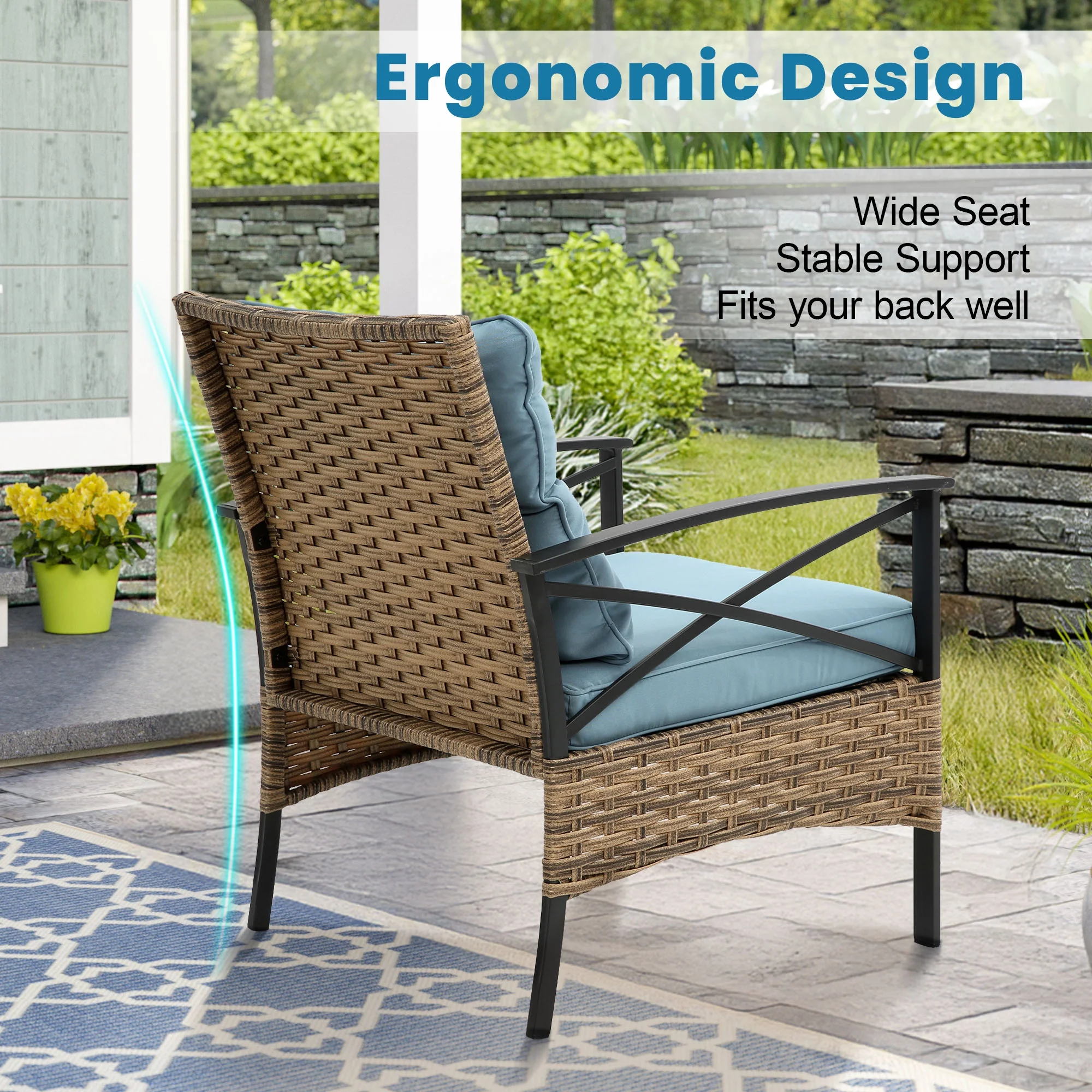Heavy-duty Patio Furniture Set, 4 Piece Outdoor Sectional Conversation Sets, BrownPE Rattan Patio Sofa Set with Blue Cushions(Luxury-Blue) - Image 8