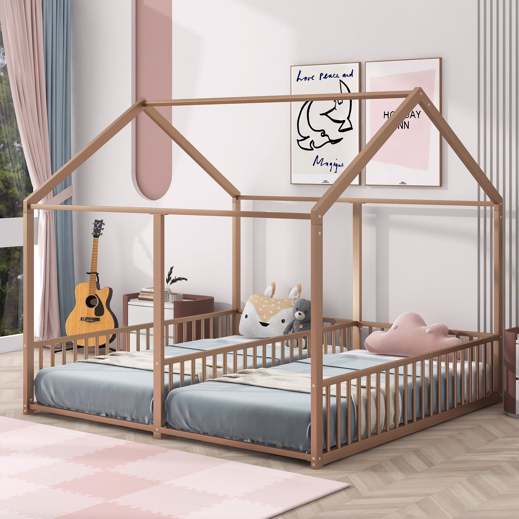 Double Twin Size Floor Bed, Metal Shared Platform Beds for 2 Kids, Montessori House Bed for Toddler Boys Girls Teens(White)(White) - Image 3