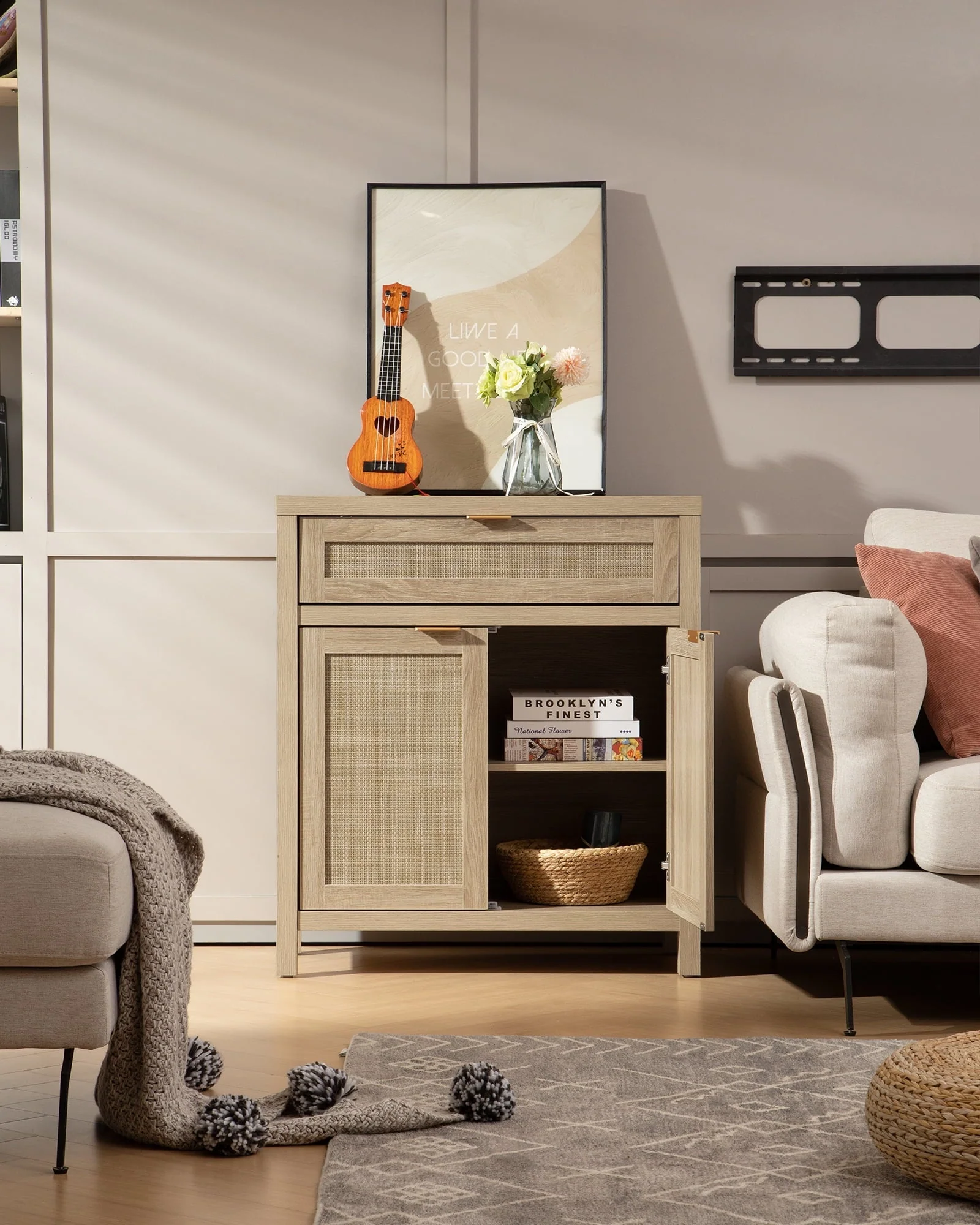 Rattan Sideboard Buffet Cabinet,Boho Storage Cabinet Buffet Table with Doors and Drawer,Coffee Bar Cabinet for Kitchen Entryway Living Dining Room,Light Oak(1PCS/Black) - Image 5