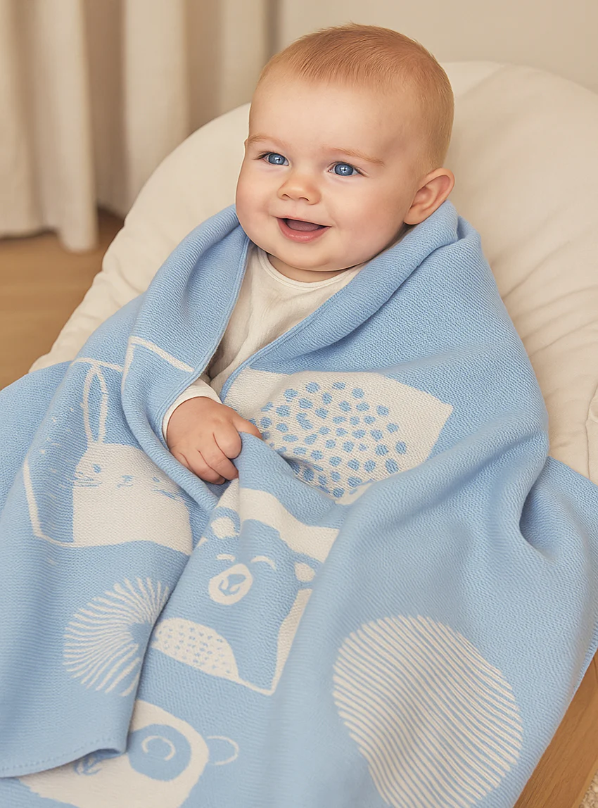Plaid bébé laine mérinos motif animaux bleu pastel
