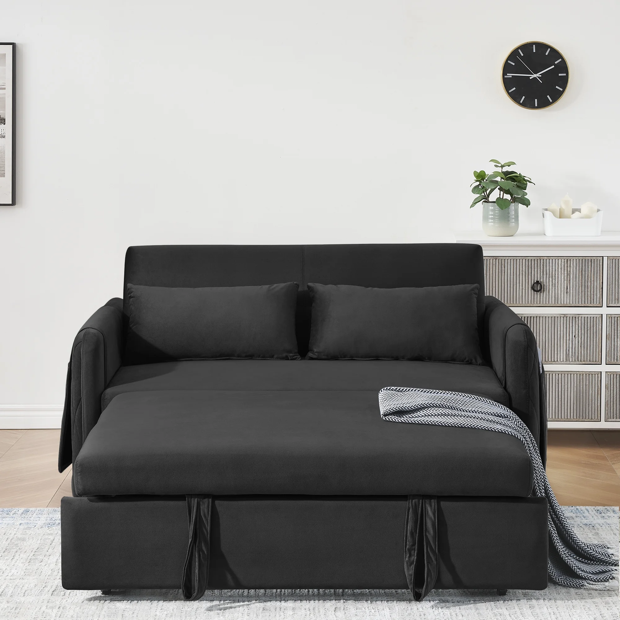 Convertible Sofa Bed,3 in 1 Sleeper Sofa with 2 Pillows and Adjustable Backrest for Living Room Office,Black(Black) - Image 6