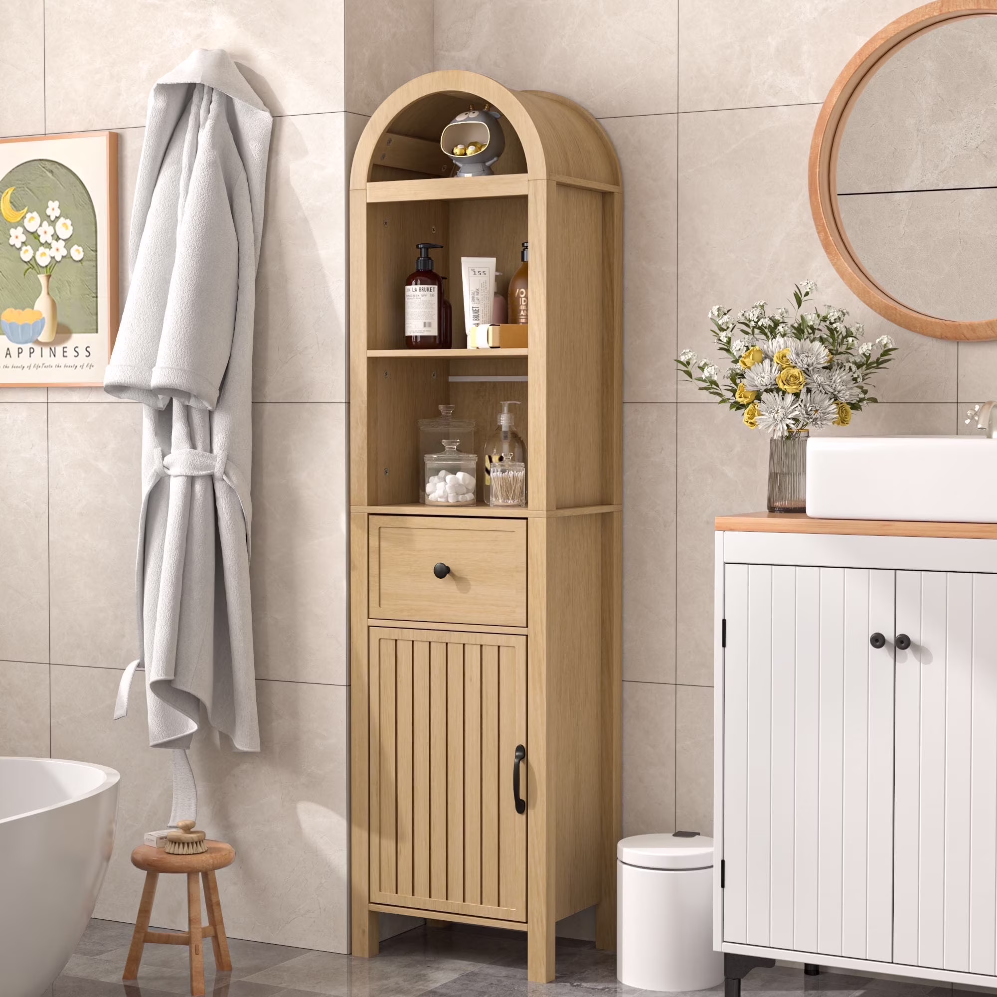 Tall Bathroom Storage Cabinets with Doors and Shelves, Narrow Tall Linen Cabinet with Drawer(Walnut) - Image 3