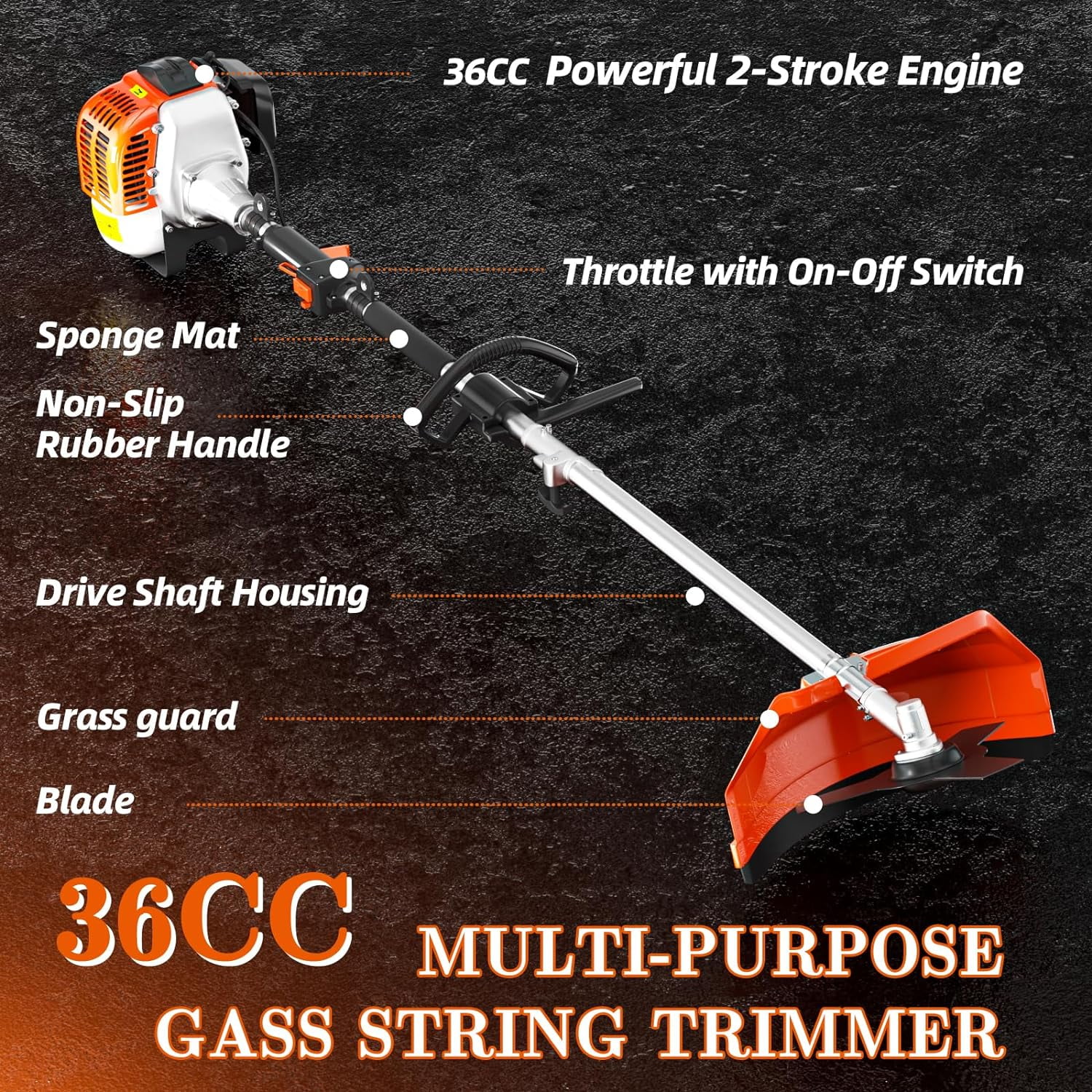 36cc Gas String Trimmer,2-Stroke 3 in 1 Gas Brush Cutter,Weed Eater Gas Powered and Gas Weed Wacke Trimmer for Weeds and Grass(36CC) - Image 2