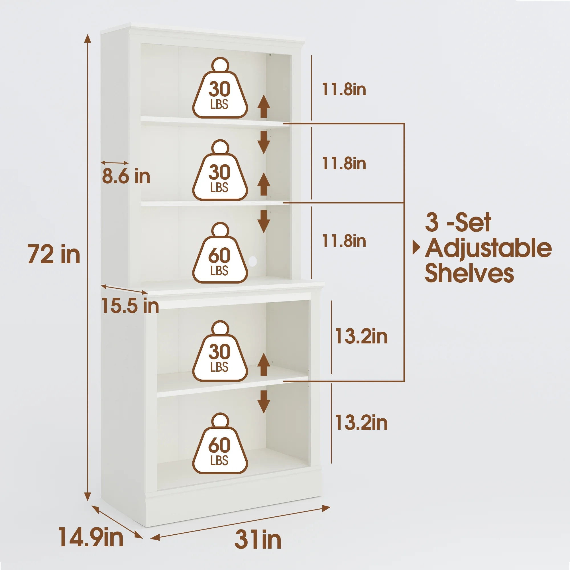 72" Tall Bookcase, White Large Floor Standing Bookshelf, 5 Tier Shelves Open Storage Organizer, Book Case for Living Room Hallway Kitchen Home Office Bedroom, White 5 Tier - Image 4