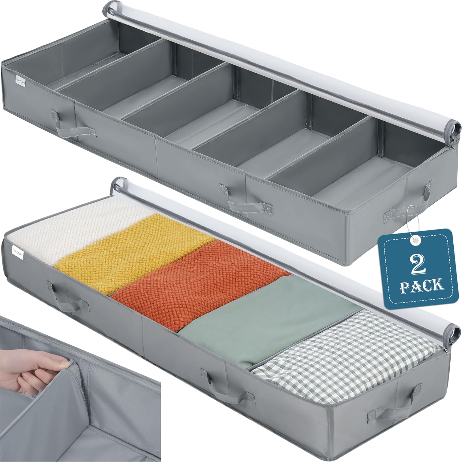 Under Bed Storage Containers, 2 Pack Under the Bed Bags, Clear Underbed Storage Bins with Sturdy |   Adjustable Dividers |   Sidewalls |   Bottom, Closet Organizer for Clothes Sheets Blankets, 47.5x16x6in