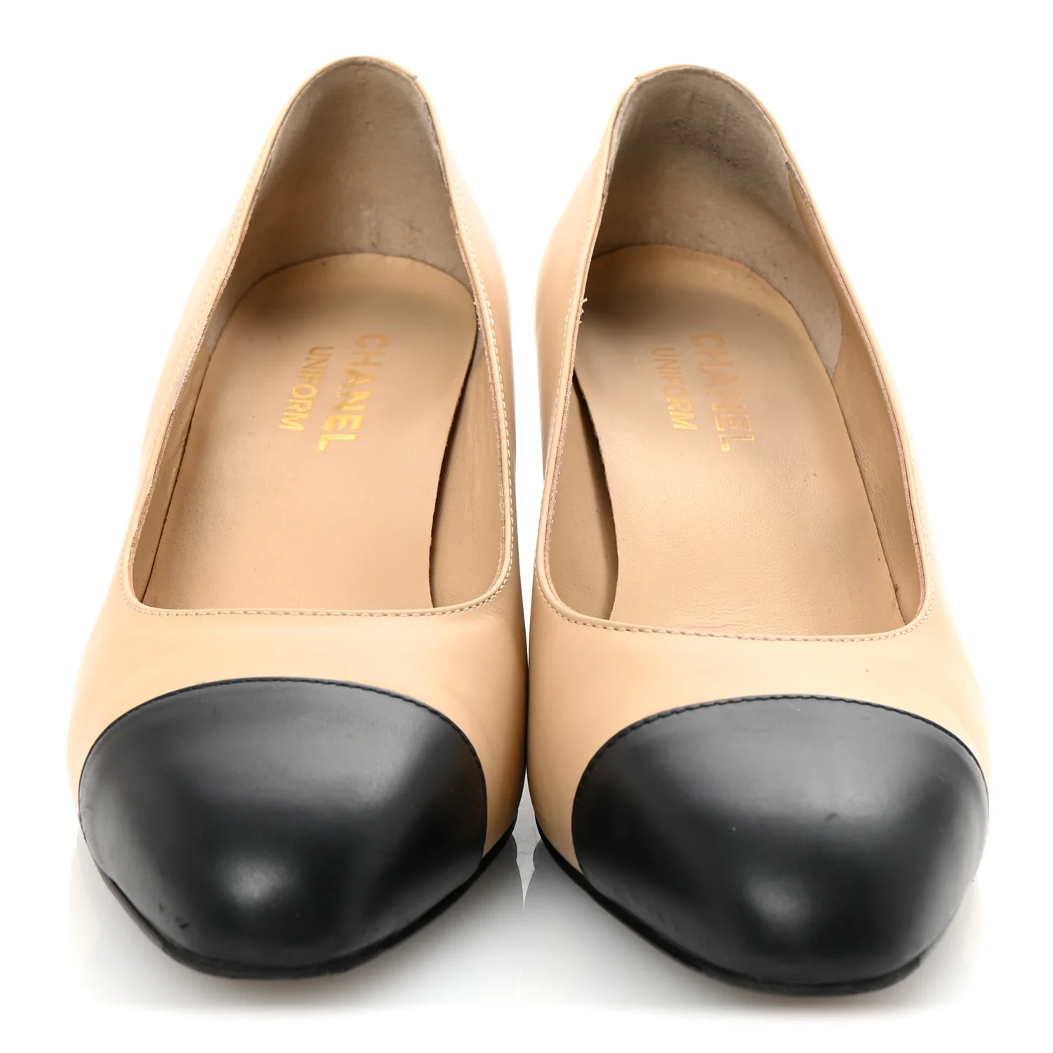 Lambskin Cap Toe CC Uniform Pumps 38 Beige Black