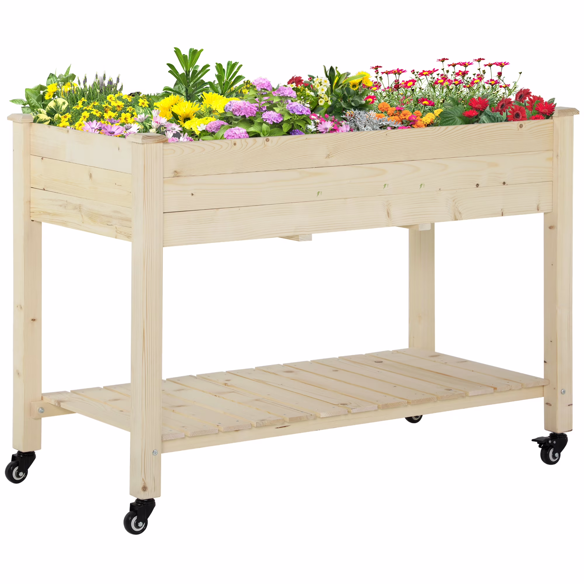 DUOSONG Outsunny Raised Garden Bed, 47 X 22 X 33, Elevated Wooden Planter Box W/ Lockable Wheels, Storage Shelf, And Bed Liner For Backyard, Patio, Natural Natural Wood Garden & Outdoor Garden
