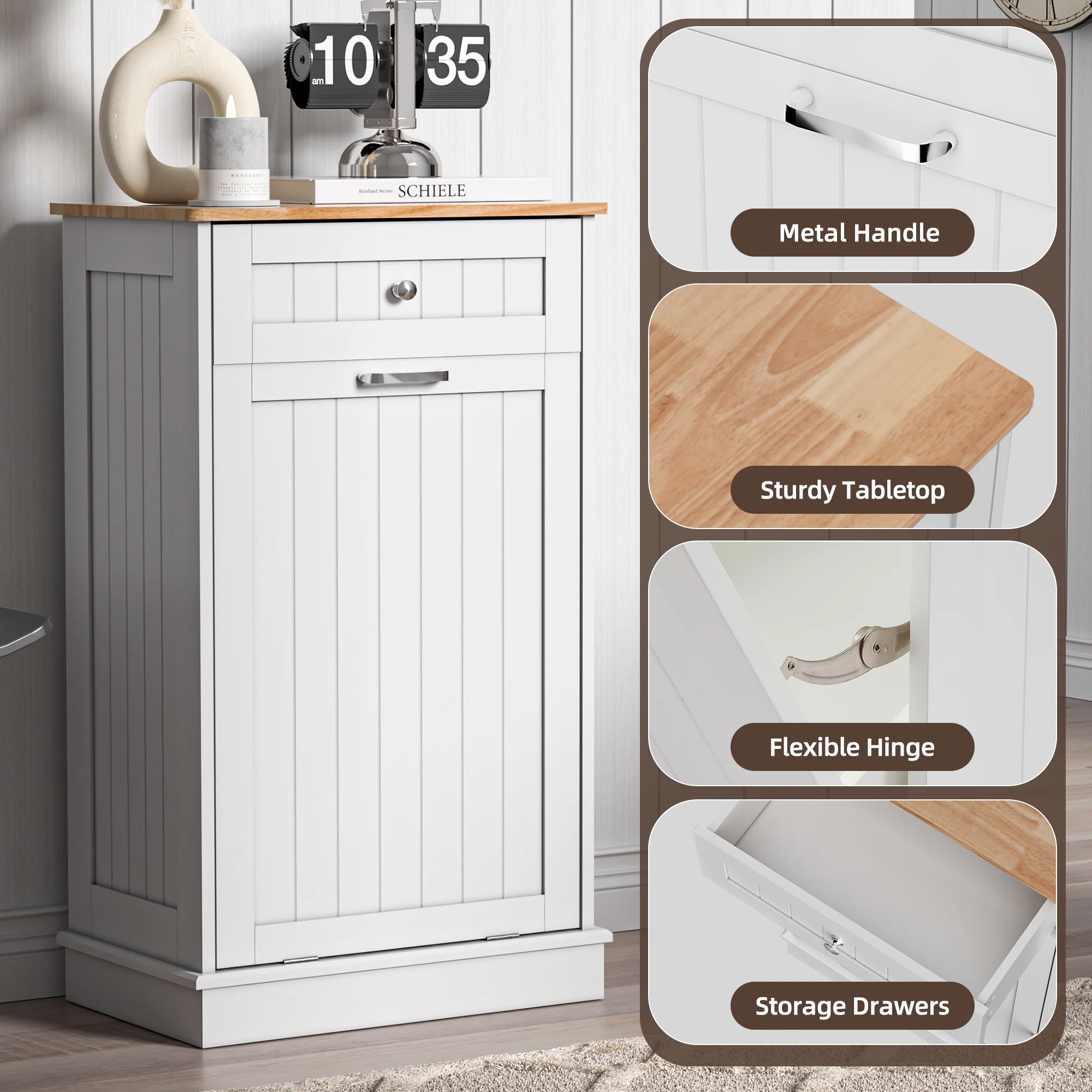 Single Tilt Out Trash Cabinet for 13 Gallon Waste Bin, Free Standing Kitchen Trash Can Cabinet with Drawers, White(White/13 gal) - Image 2