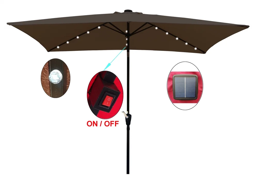 10 x 6.5t Patio Umbrella,Rectangular Picnic Table Umbrella,6-8 Chairs Tilt Umbrella with 26 LED Lights,Waterproof Umbrella Sunshade with Crank and Push Button Tilt for Garden Backyard Pool,Mushroom