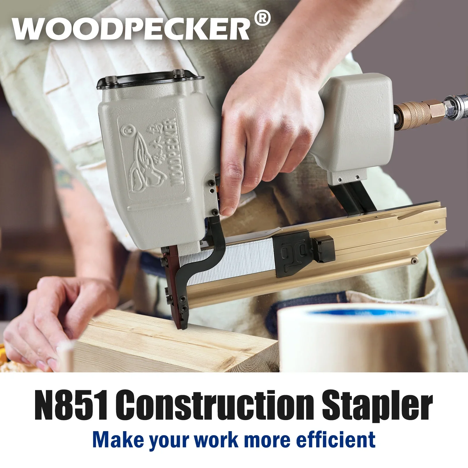 WOODPECKER N851 16GA Pneumatic Heavy Wire Stapler, 1''to 2'' Length,7/16'' Medium Crown Safety Construction