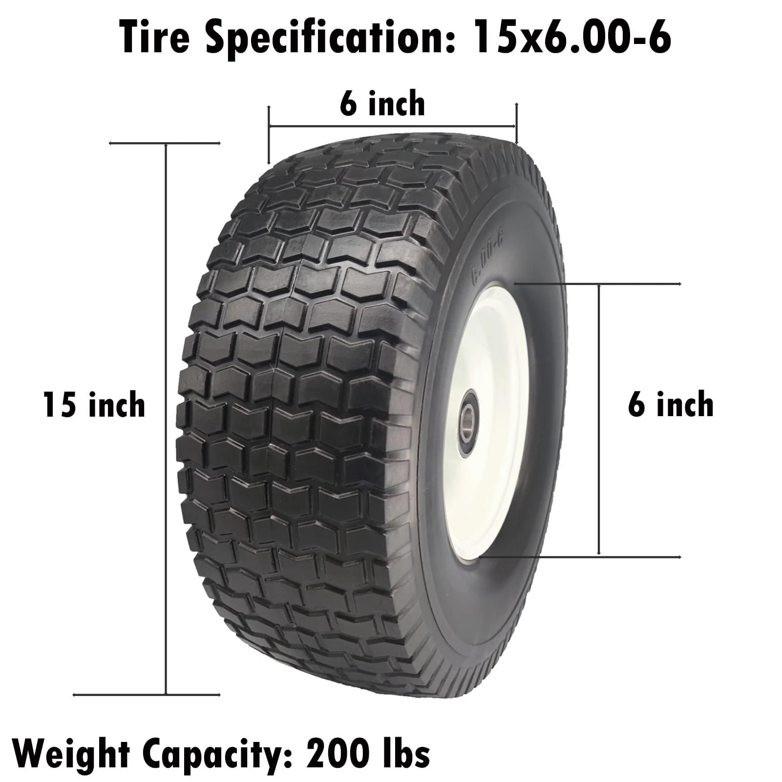 Flat Free Lawn Mower Tires 15x6.00 - 6 with 3/4 & 5/8 Bearings, 3
