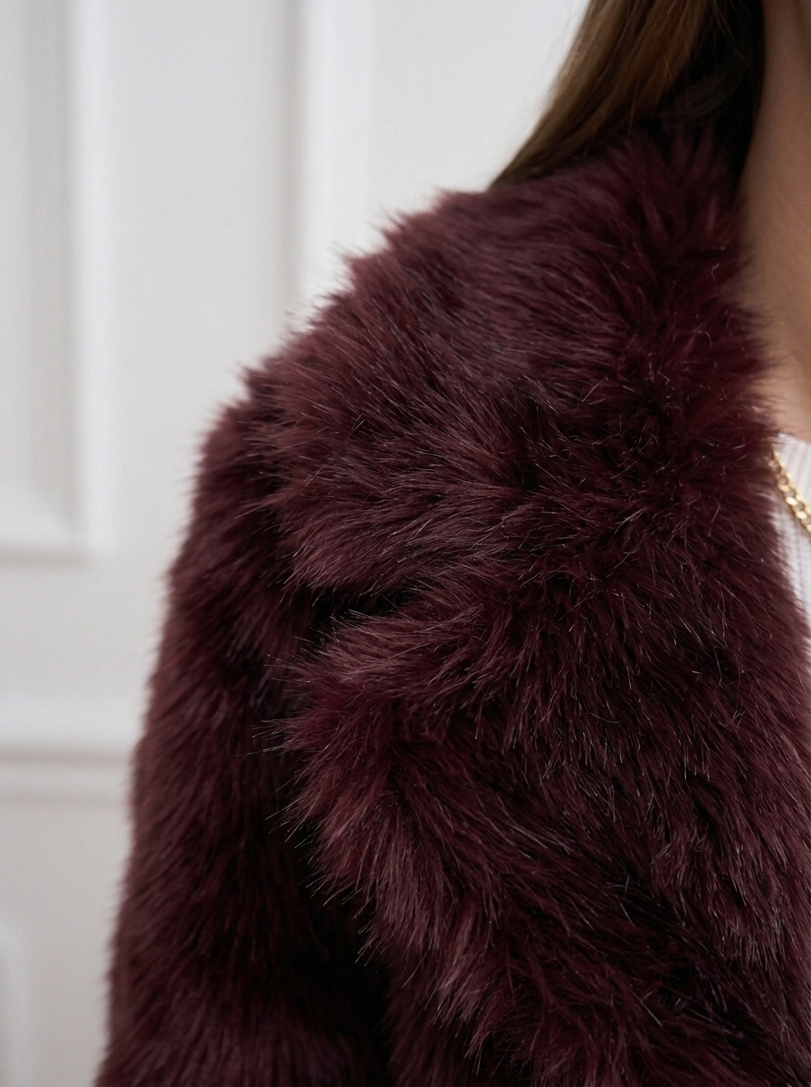 Stanetco Women's Short Burgundy Faux Fur Coat - Cropped Fluffy Winter Jacket, Elegant Maroon Shaggy Outerwear with Lapel Collar
