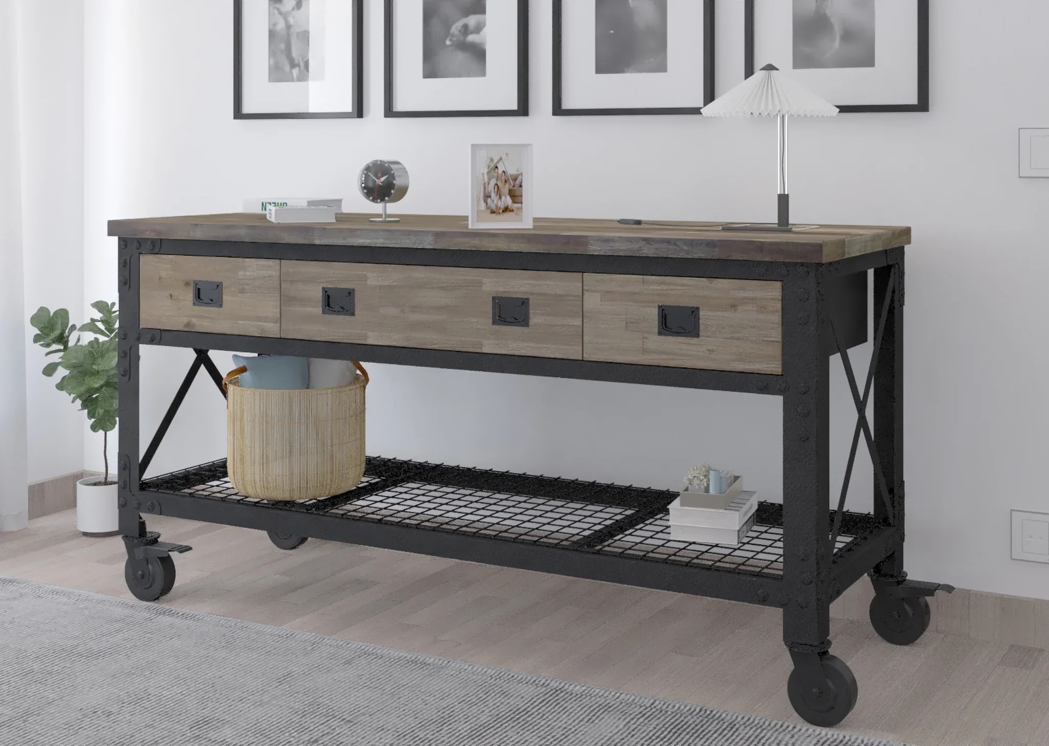 72 In x 24 In. 3 Drawer Rolling Industrial Workbench with Wood Top - Aged Macadamia