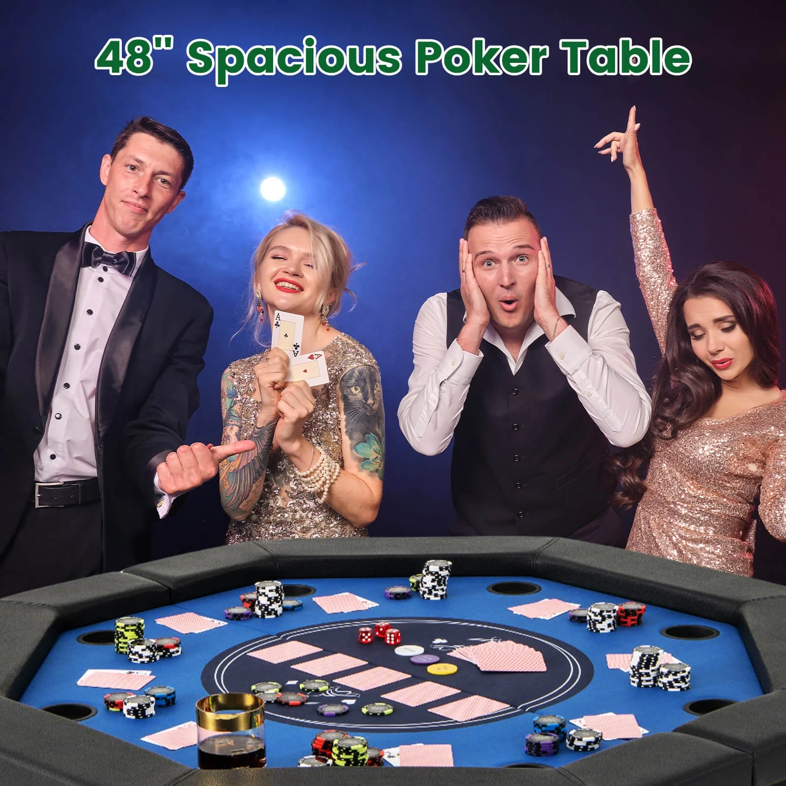 Costway 48" Foldable Poker Table for 8 Players Portable Blackjack Texas Hold'Em Table Blue