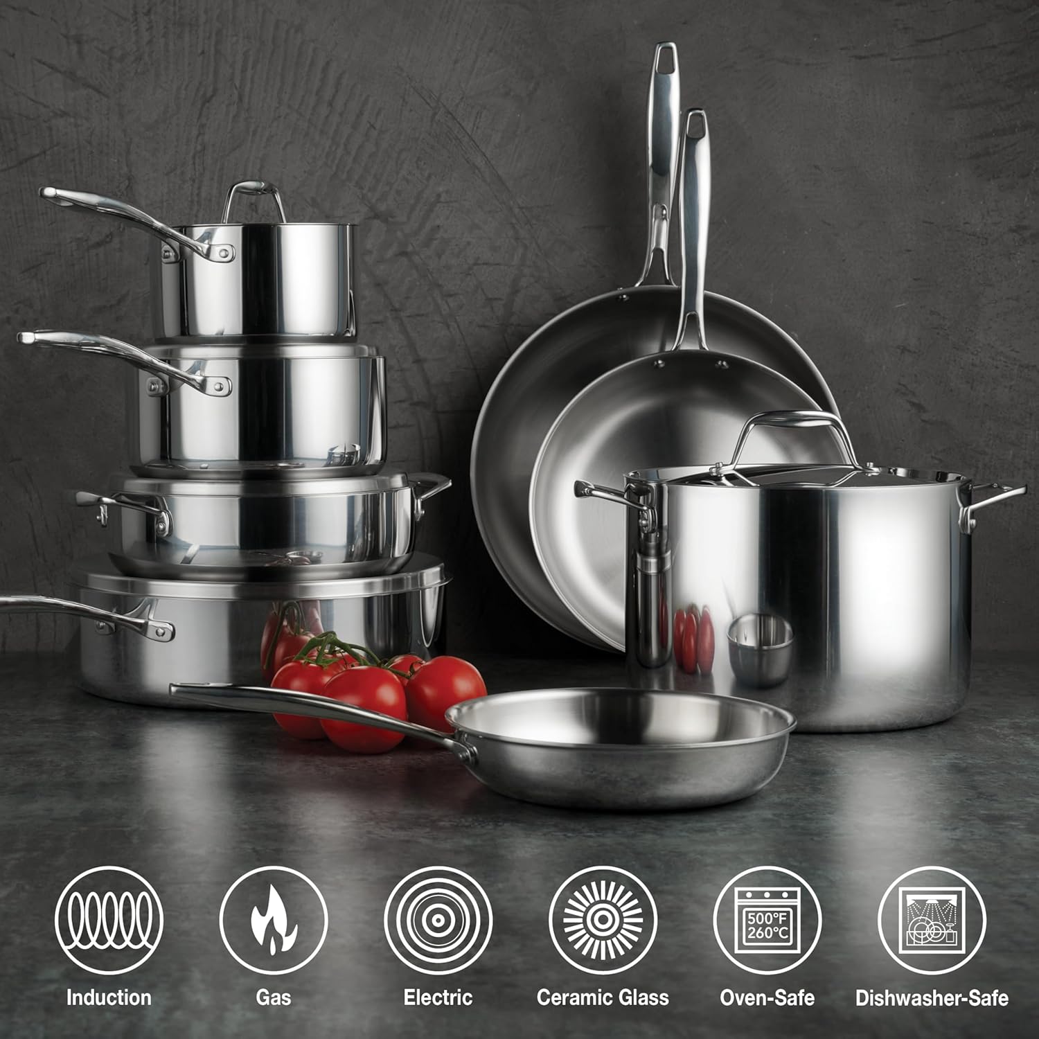 Tramontina Signature Tri-Ply Clad Stainless Steel 13-Piece Cookware Set with Lids, Pots and Pans Kitchen Set, Induction-Ready, Dishwasher-Safe, NSF-Certified