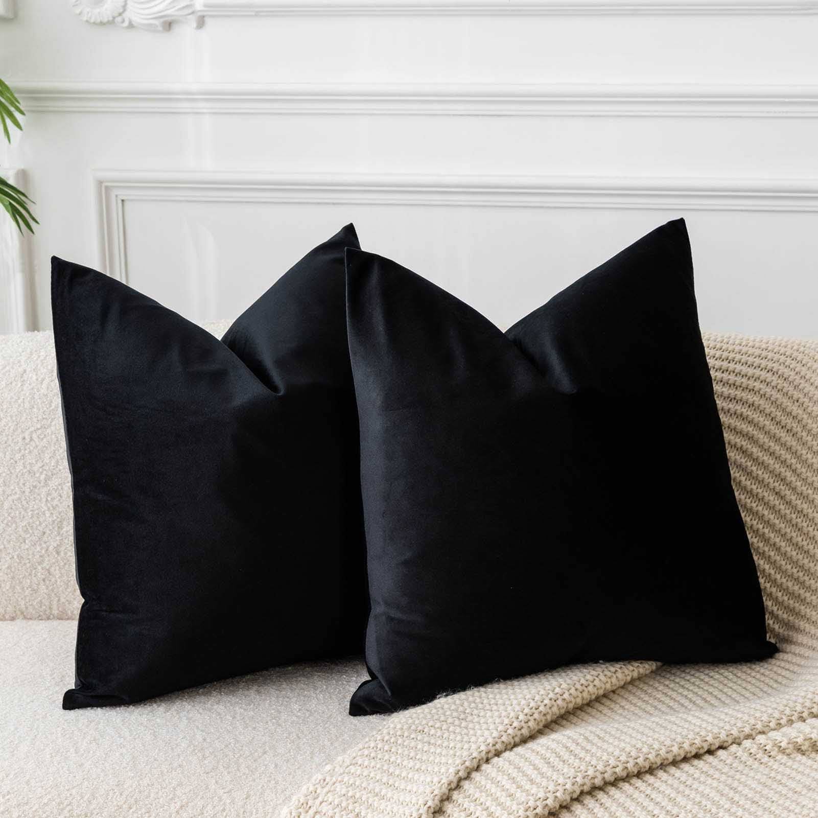 JUSPURBET Black Velvet Throw Pillow Covers 18x18 inch Set of 2 for Living Room Couch Sofa Bedroom Decorative Square Solid Soft Cushion Cases with Inv