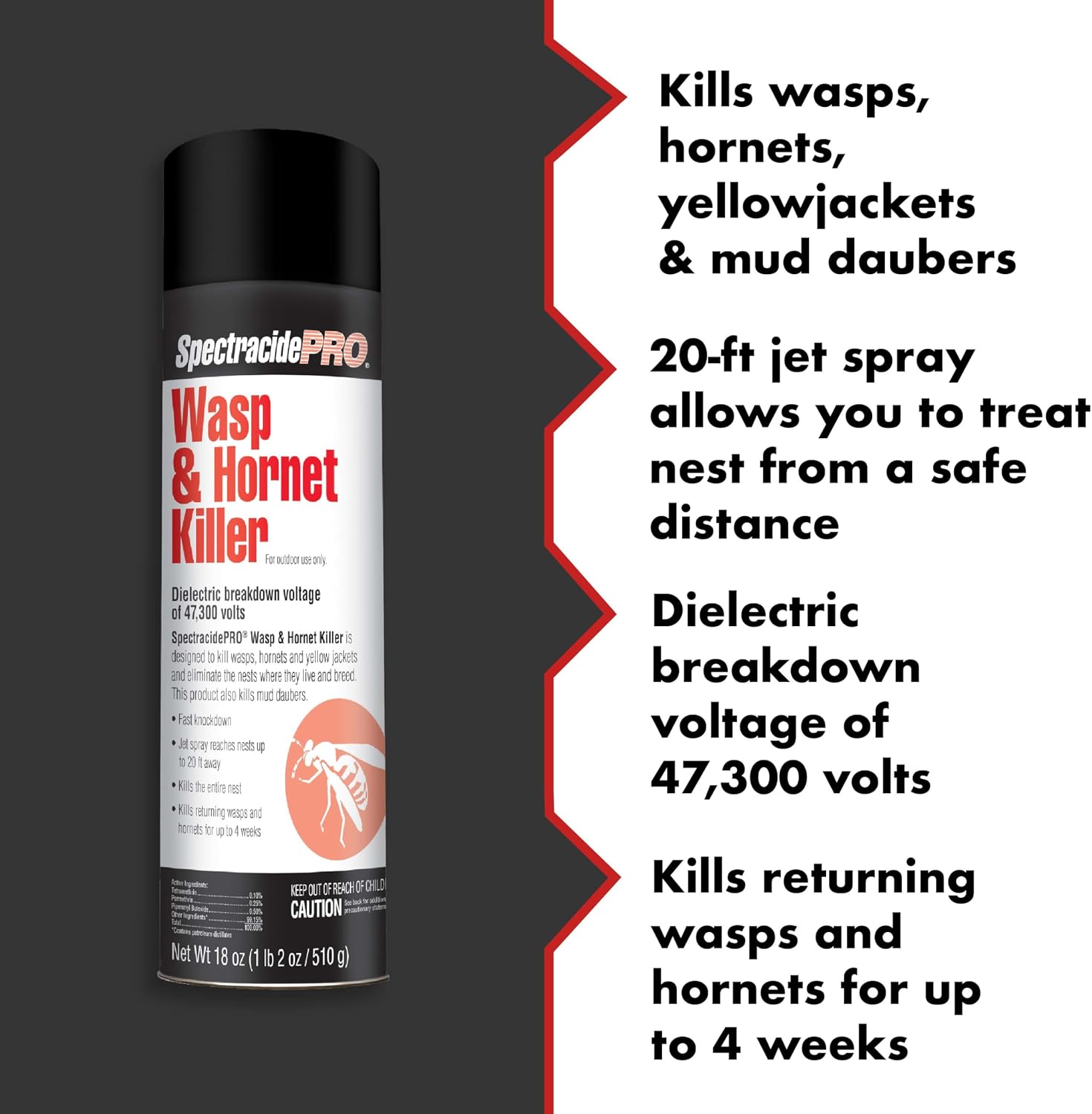 SpectracidePRO Wasp & Hornet Killer Spray, Kills Entire Nest, 18 Oz| Kills Wasps, Hornets, Yellowjackets & Mud Daubers, Treats Nests Outdoors Near Electrical Equipment, Up To 20 Foot Jet Spray