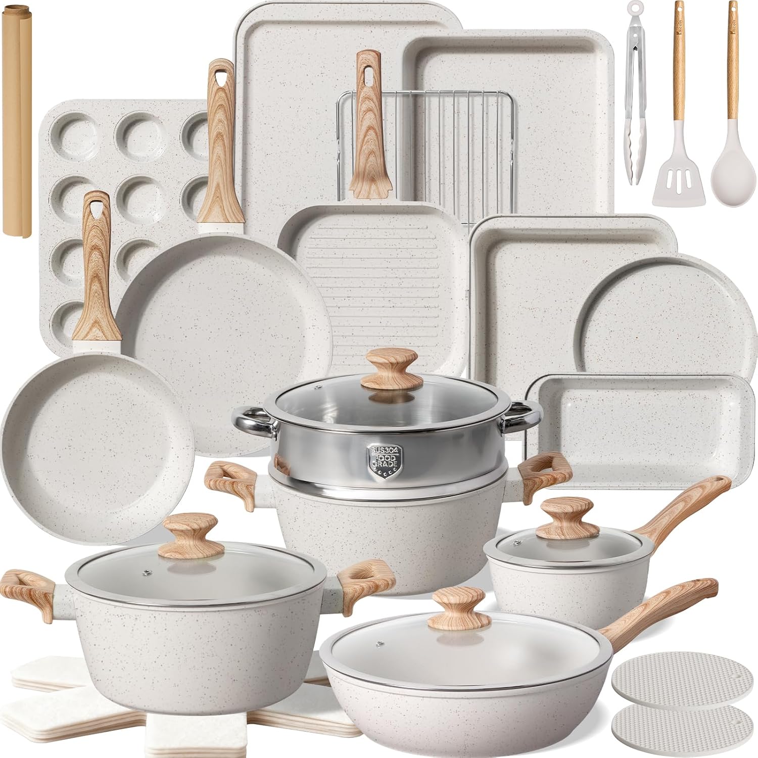 Kikcoin Pots and Pans Set Non Stick 31 Piece Kitchen Nonstick Cooking Cookware Sets with Grill Pan Saucepan Baking Sheet Utensil, Black