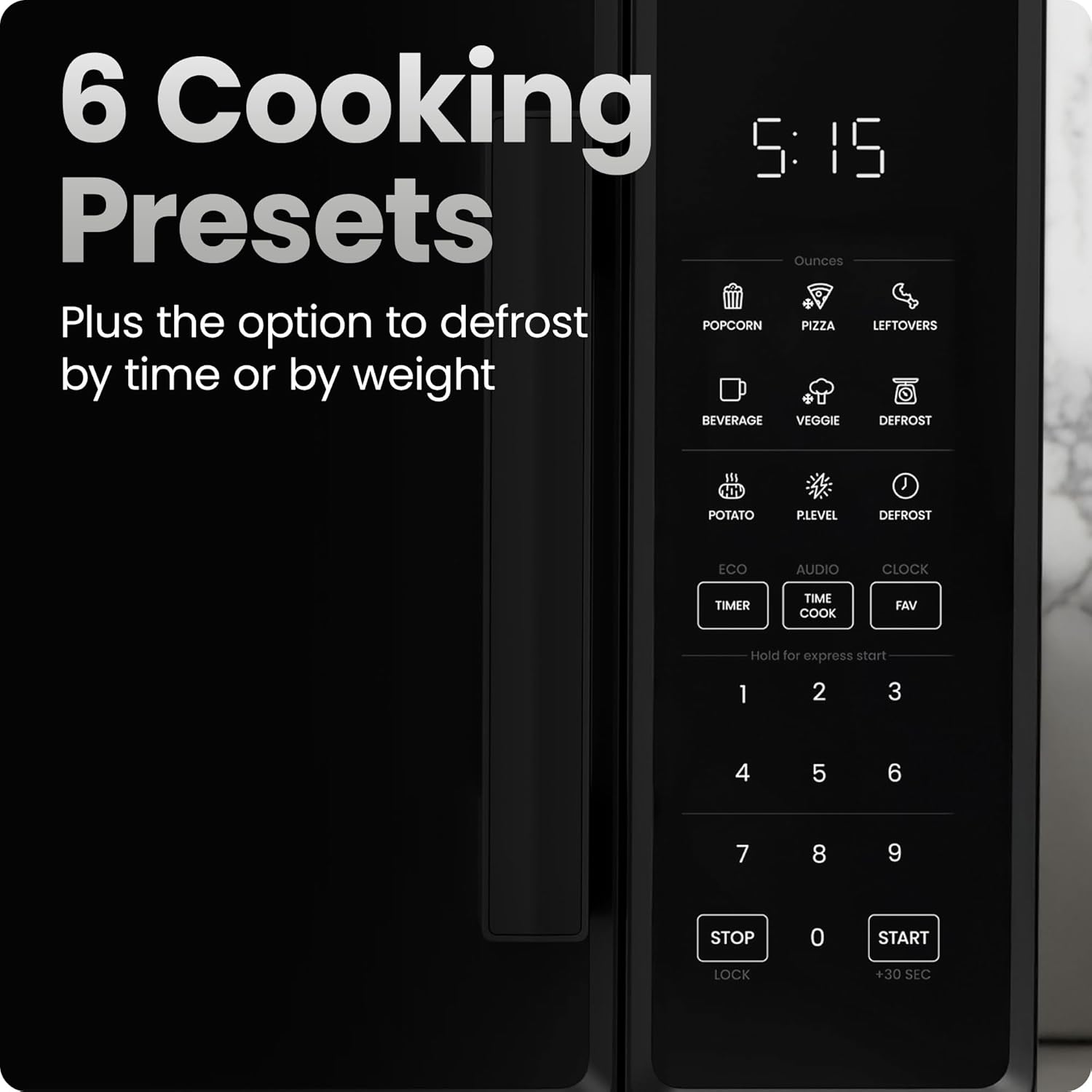 Chefman Countertop Microwave Oven 1.1 Cu 1000 Watts with 10 Power Levels, 6 Cooking Presets with One-Touch Express Cook, Eco Mode, Child Safety Lock, & Mute Button - Black