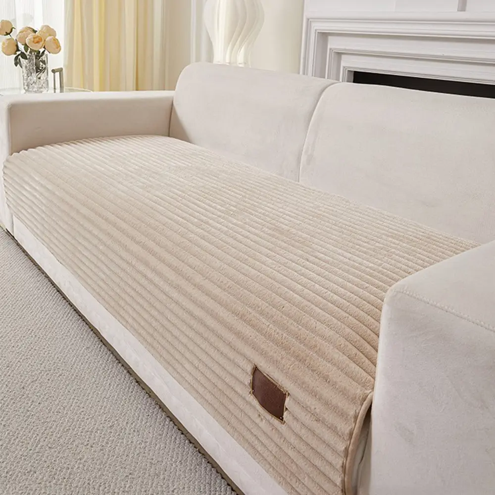 Furry Striped Sofa Protection Non-Slip Plush Couch Cover - Solid