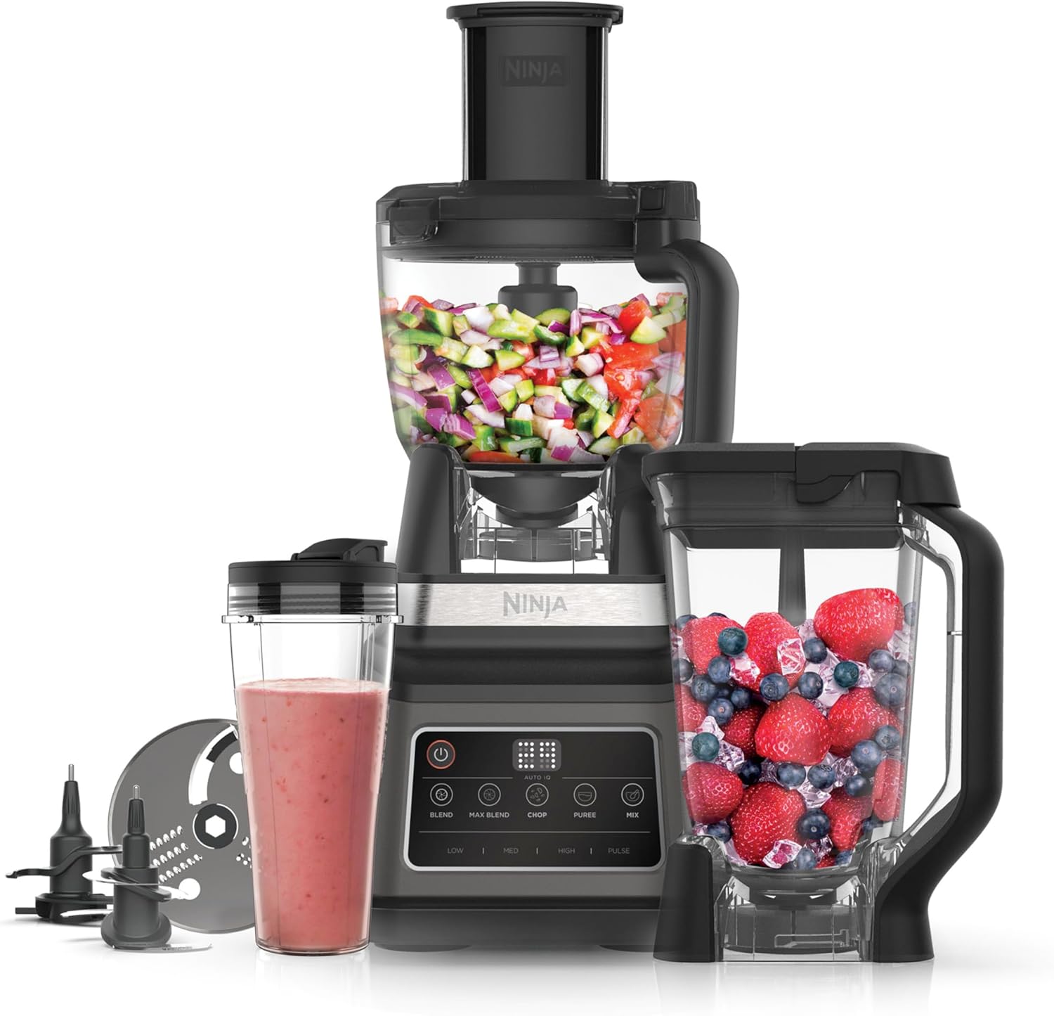 Ninja 3-in-1 Küchenmaschine & Mixer mit 5 Programmen: Mixen, Max Mixen, Hacken, Mischen, Pürieren, 1,8L Schüssel, 2,1L Krug, 700ml Becher, 1200W, spülmaschinenfest, Auto-iQ, Schwarz BN800EU