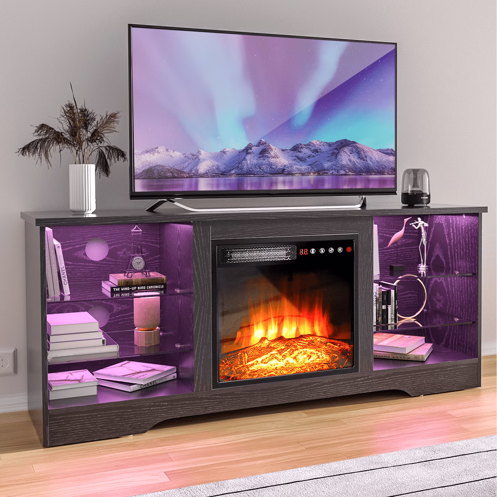 Fireplace TV Stand with 18'' Fireplace for TVs up to 65 inch, Two Adjustable Glass Shelves(58"/White) - Image 9