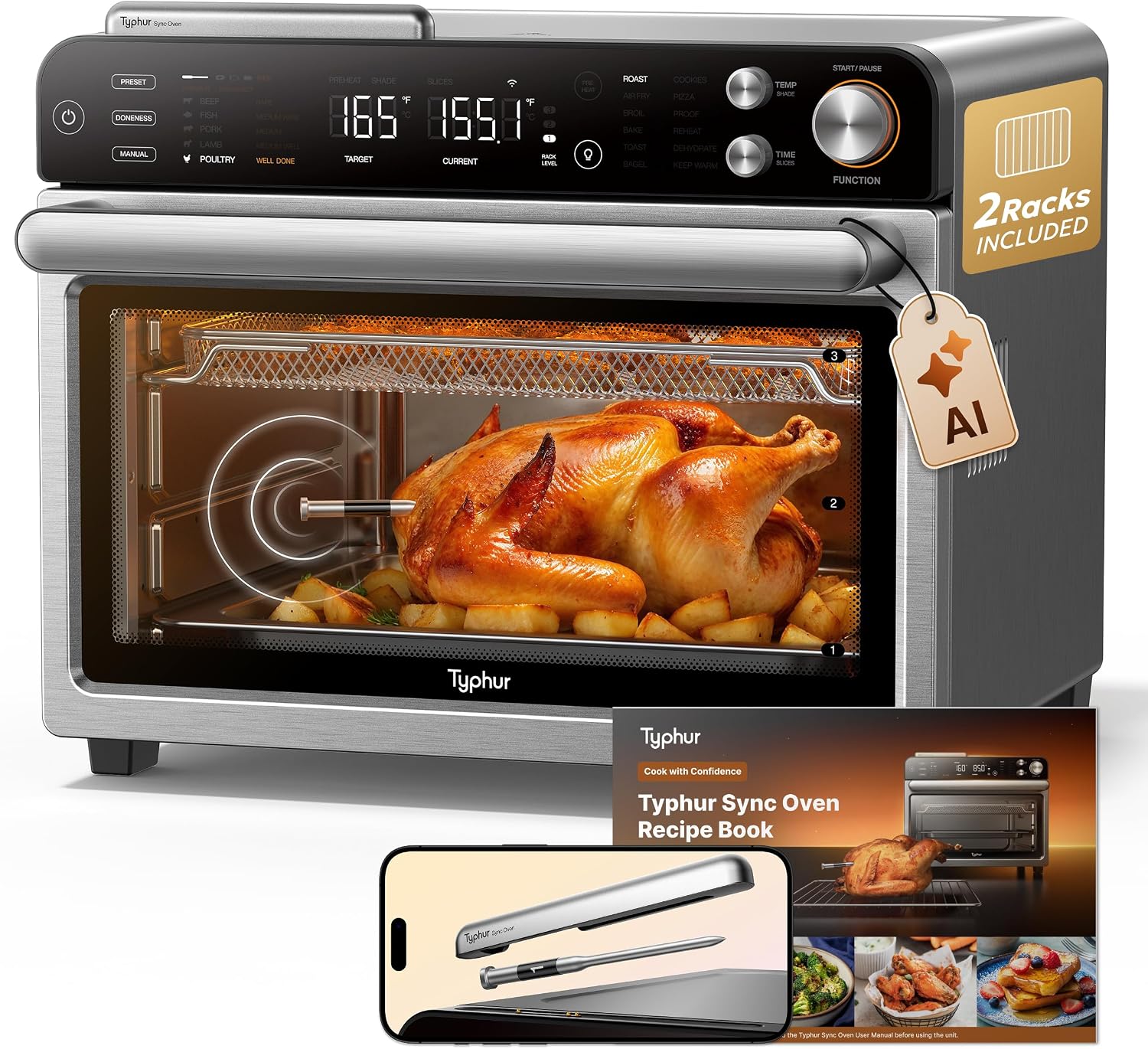 Typhur Sync Oven with Smart Wireless Meat Thermometer Probe, 12-in-1 Countertop Airfryer Toaster Oven Combo, 360° Turbo Convection, Dehydrator, Recipes & 5 Accessories, Large 27QT with Extra Wire Rack