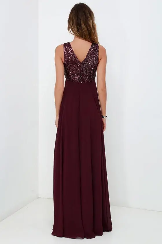 Burgundy Bridesmaid Dresses WIth Sequin Top, A-line Long Chiffon Wedding Party Dress DMO80