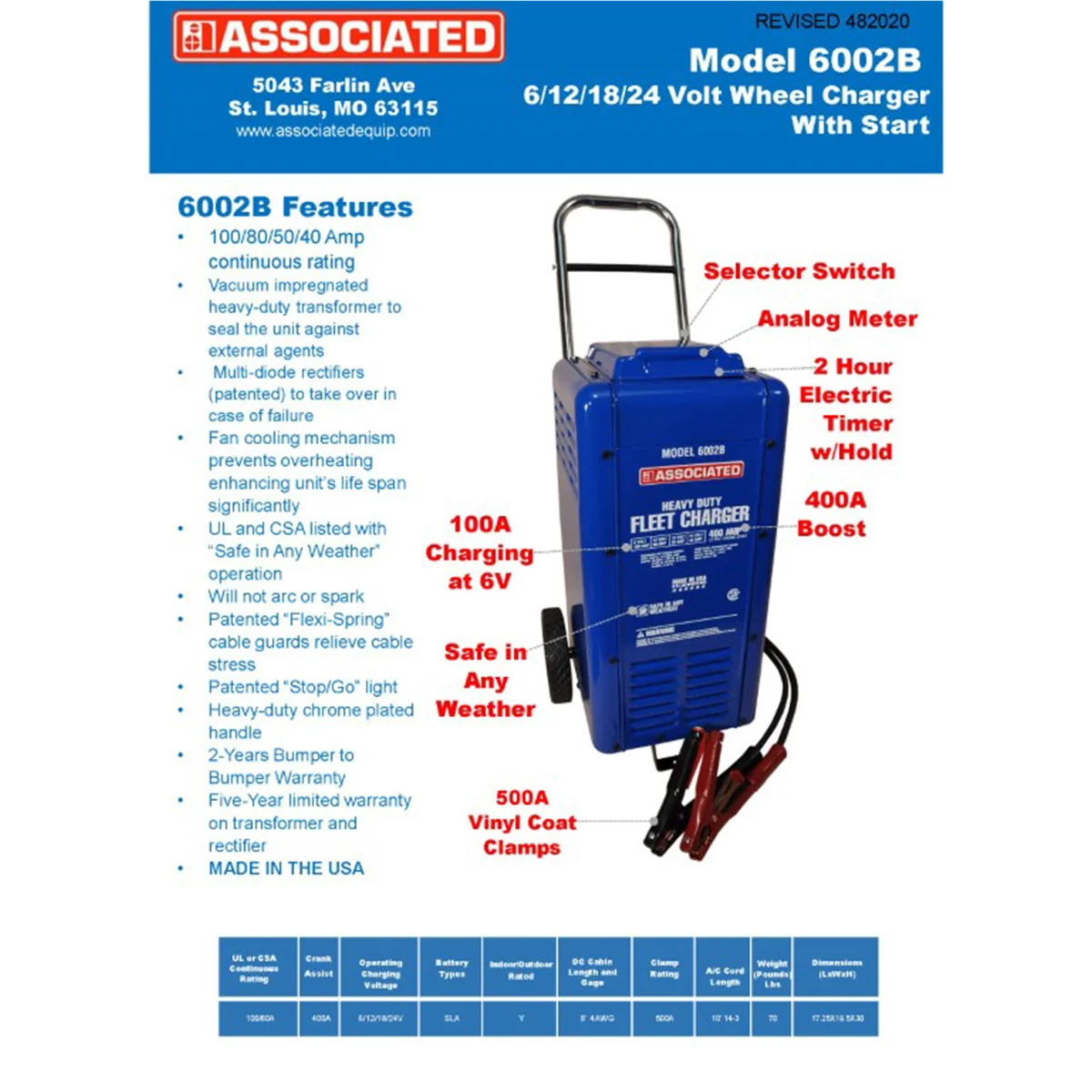 6002B Charger, 6/12/18/24V 100/80/50/40A, 400 Amp Cranking Assist, Wheels - Image 2