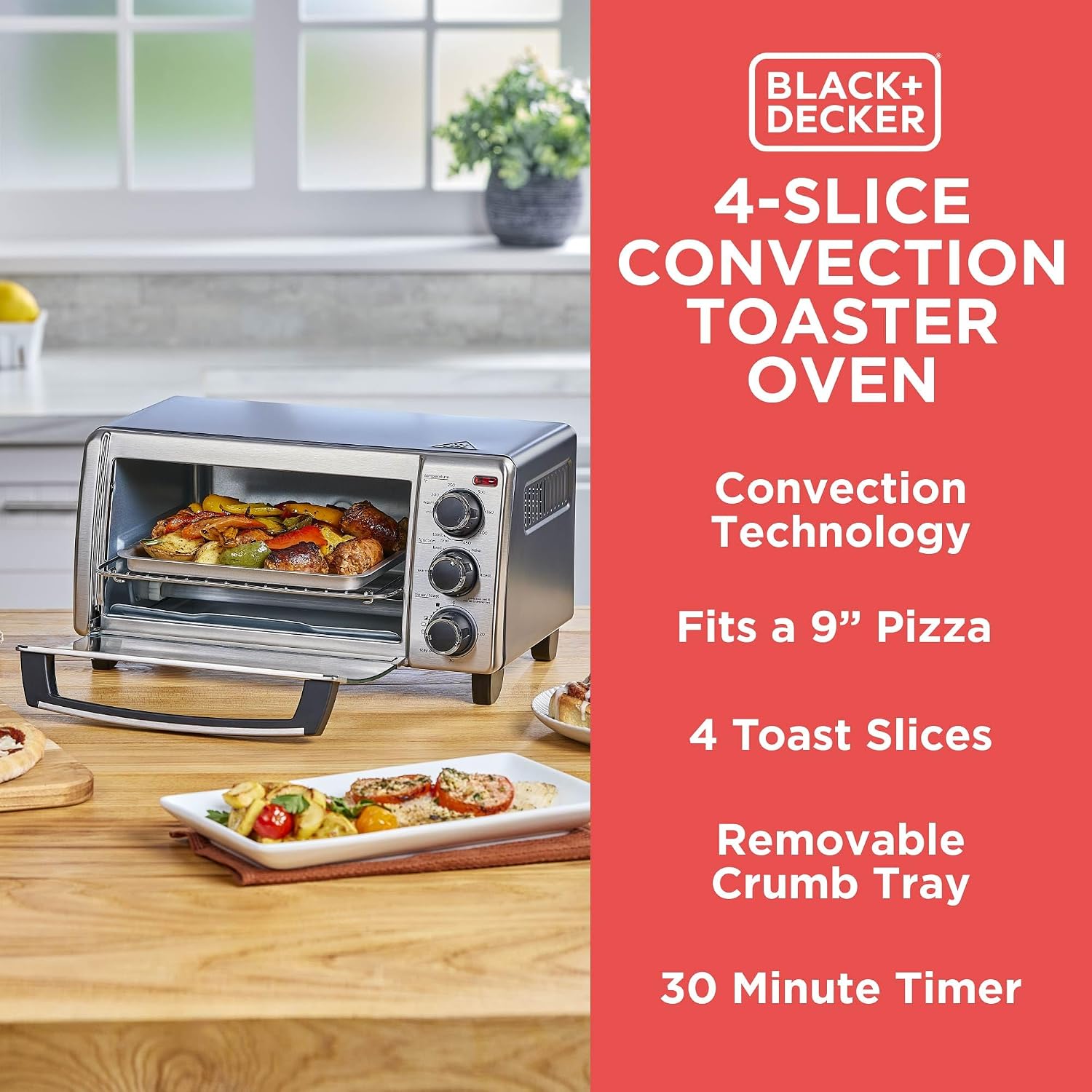 BLACK+DECKER TO1313SBD Toaster Oven, 15.47 Inch, Silver| Compact convection oven fits a 9-inch pizza with timer, stay-on function and removable crumb tray