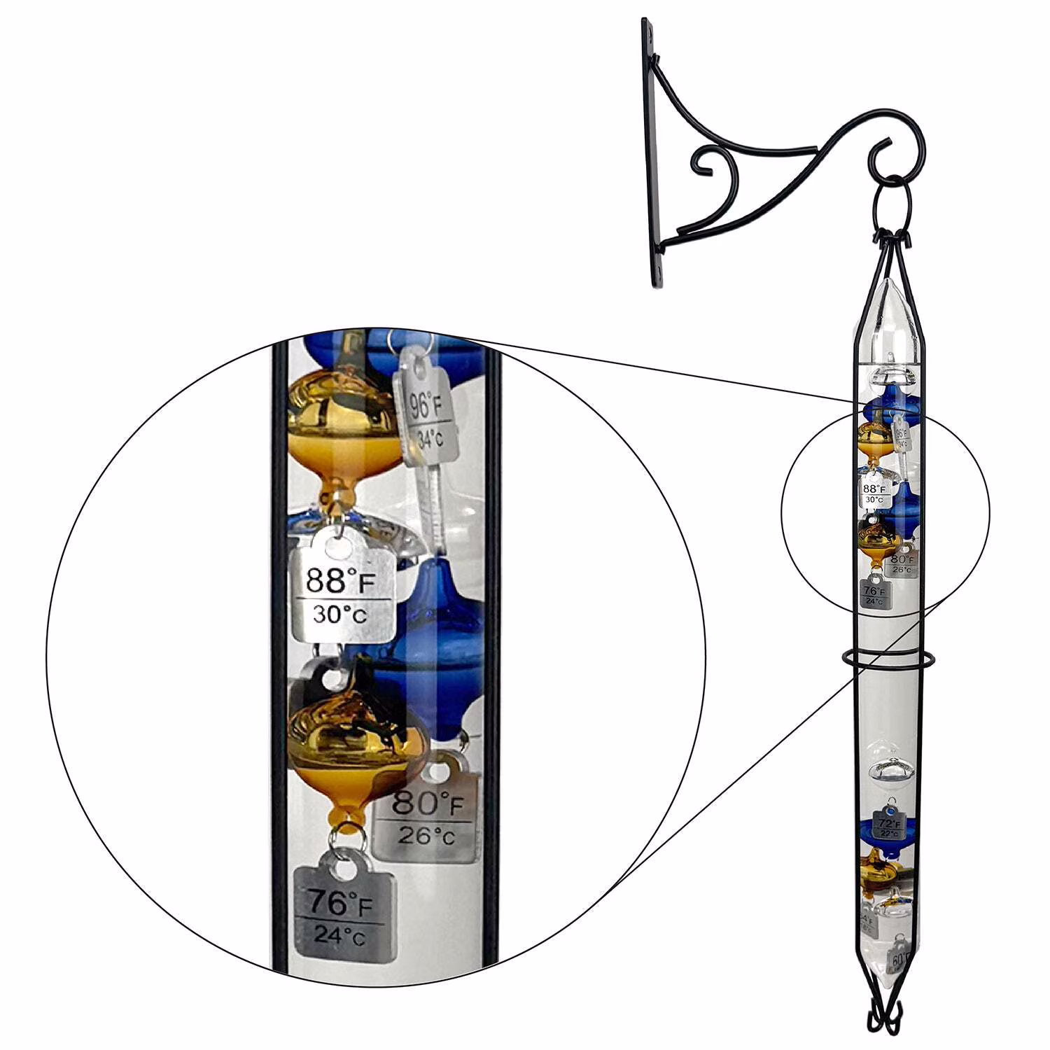 Outdoor Hanging Galileo Thermometer, Colored Glass Orbs with Free Bracket